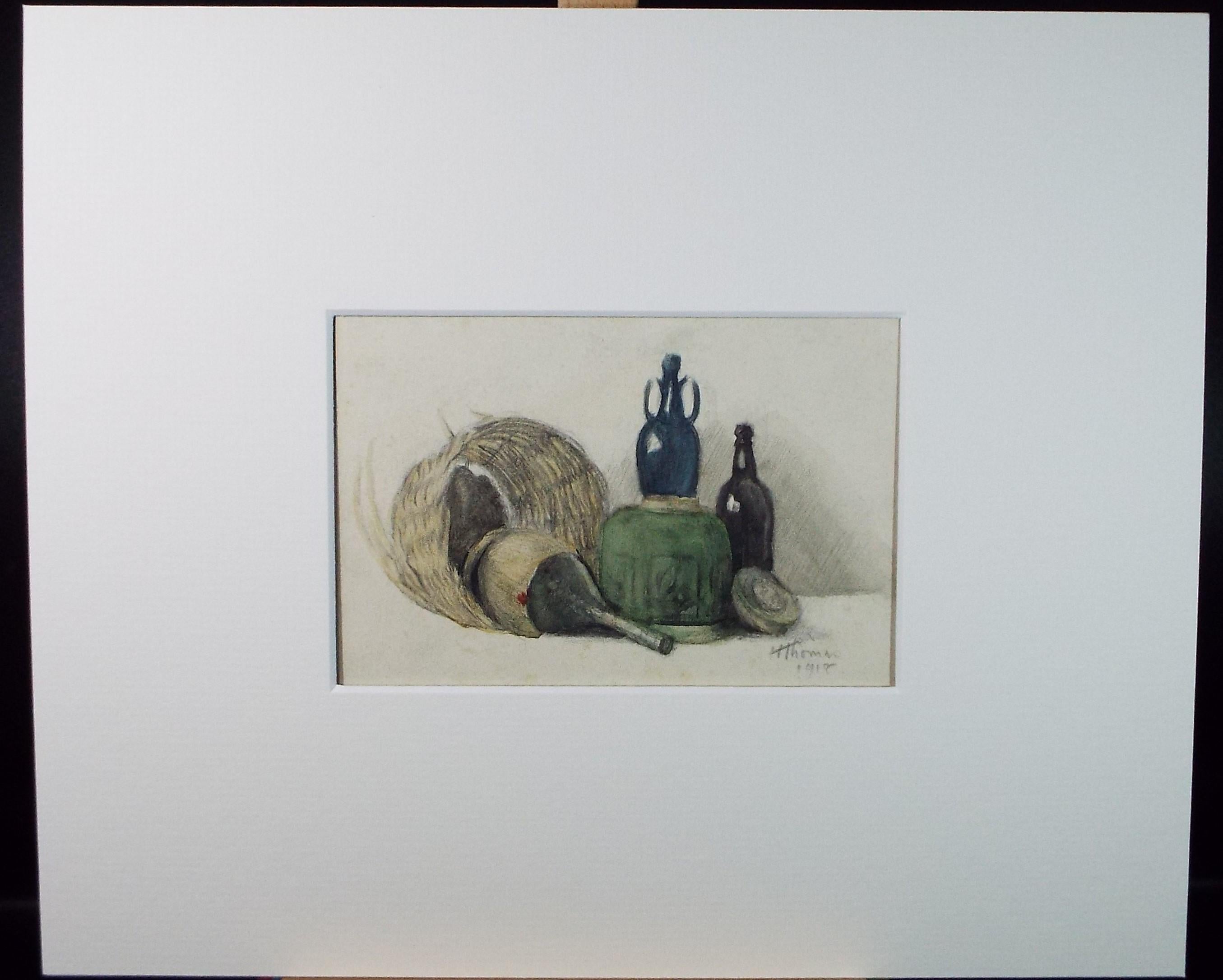 Original Watercolour, 'Still Life of Baskets and Bottles',Harry Thomas, dated 1918