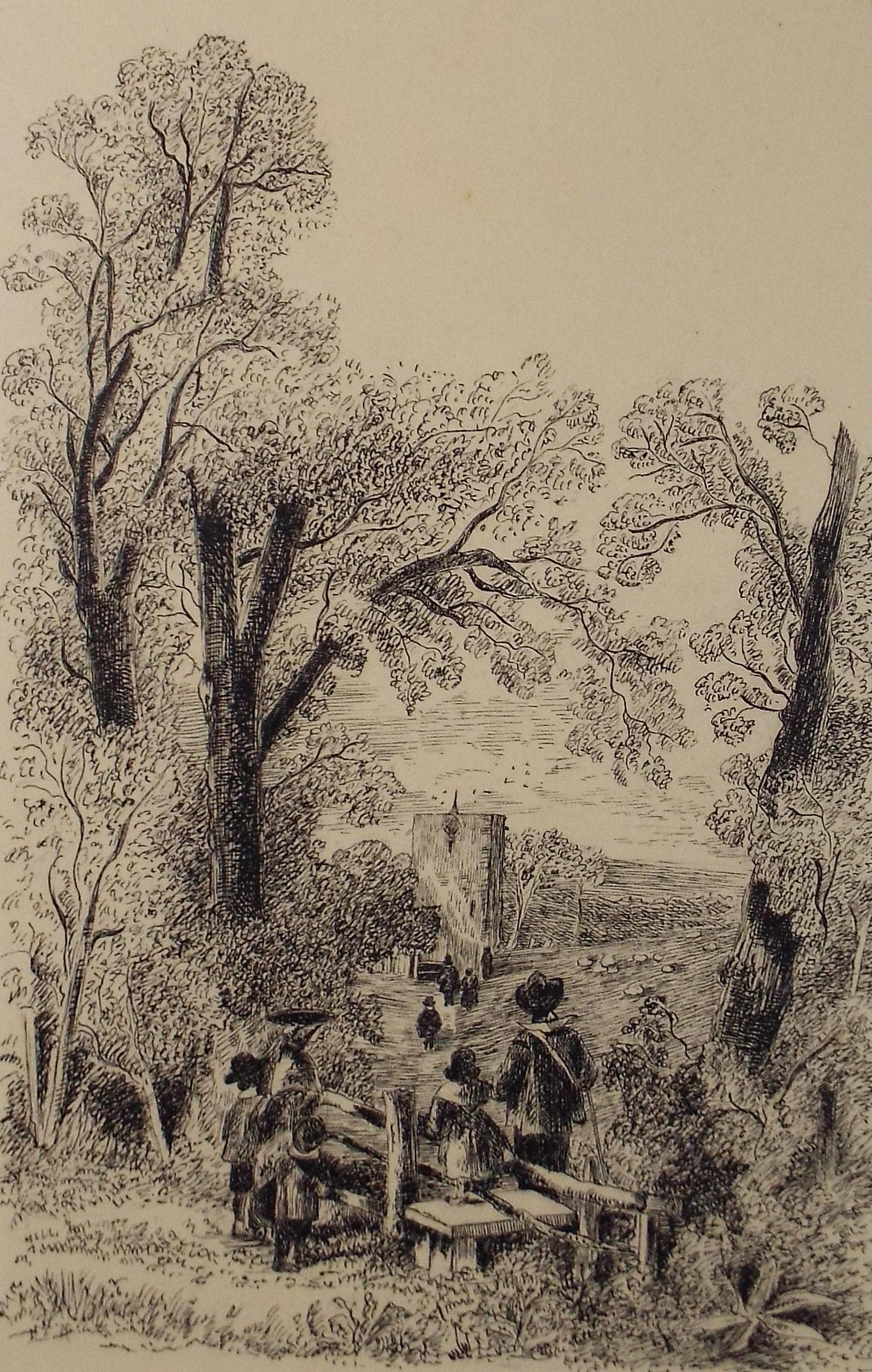 Original Pen and ink drawing, 'Figures at a Stile', circa 1860's, Artist Unknown