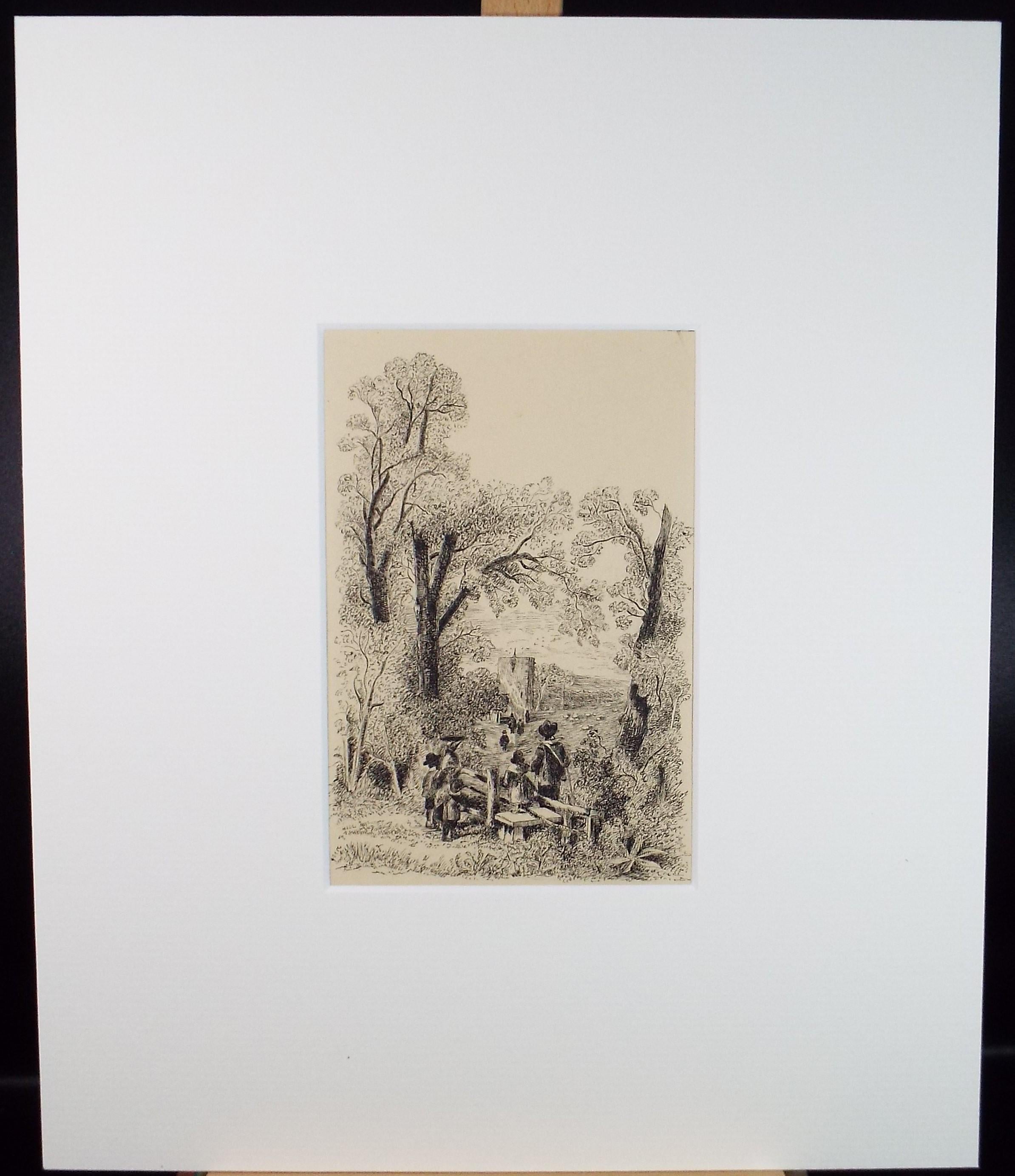Original Pen and ink drawing, 'Figures at a Stile', circa 1860's, Artist Unknown