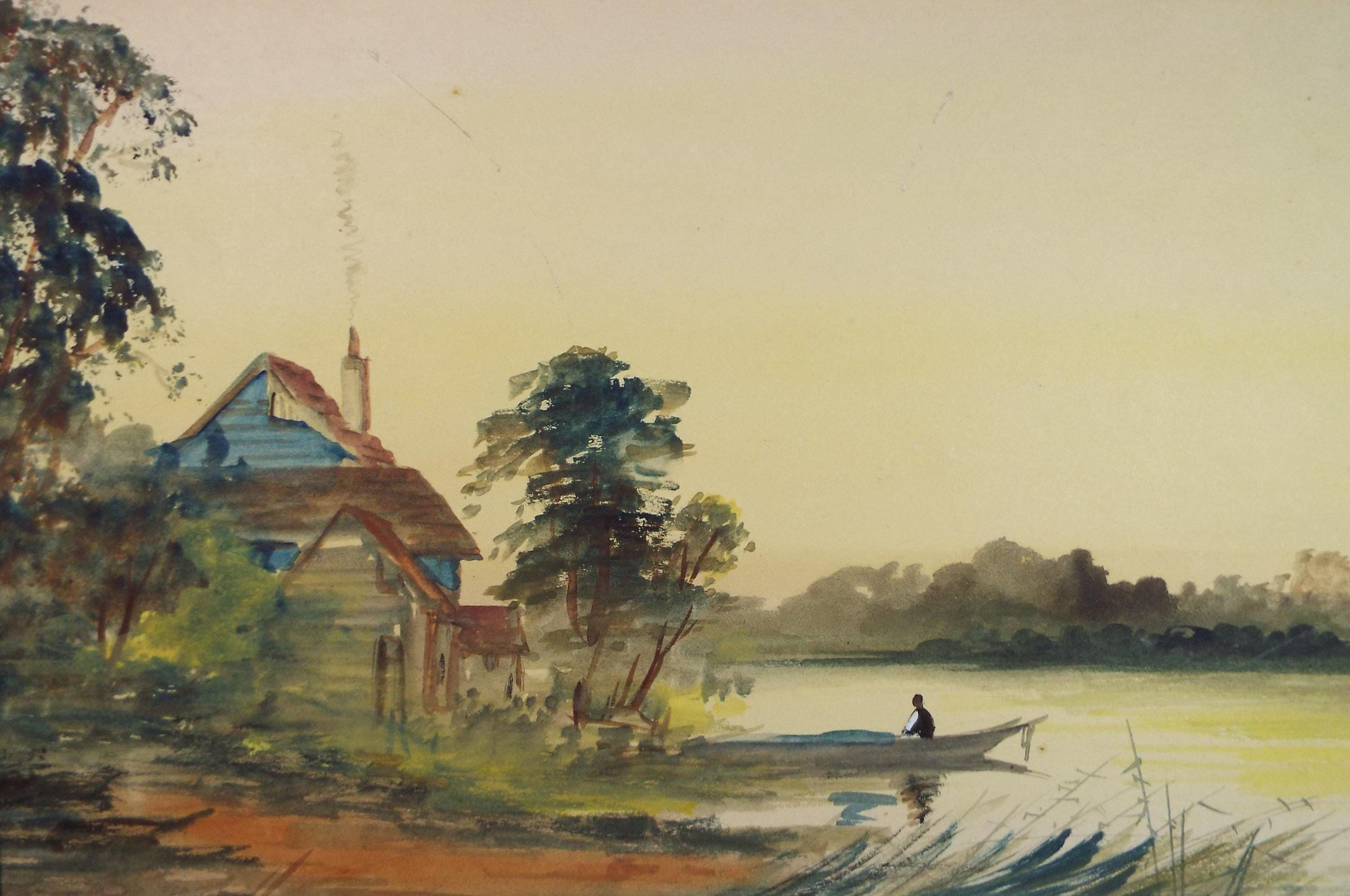 Original Watercolour, 'On a River at Sunset', Artist Unknown, Circa 1920's