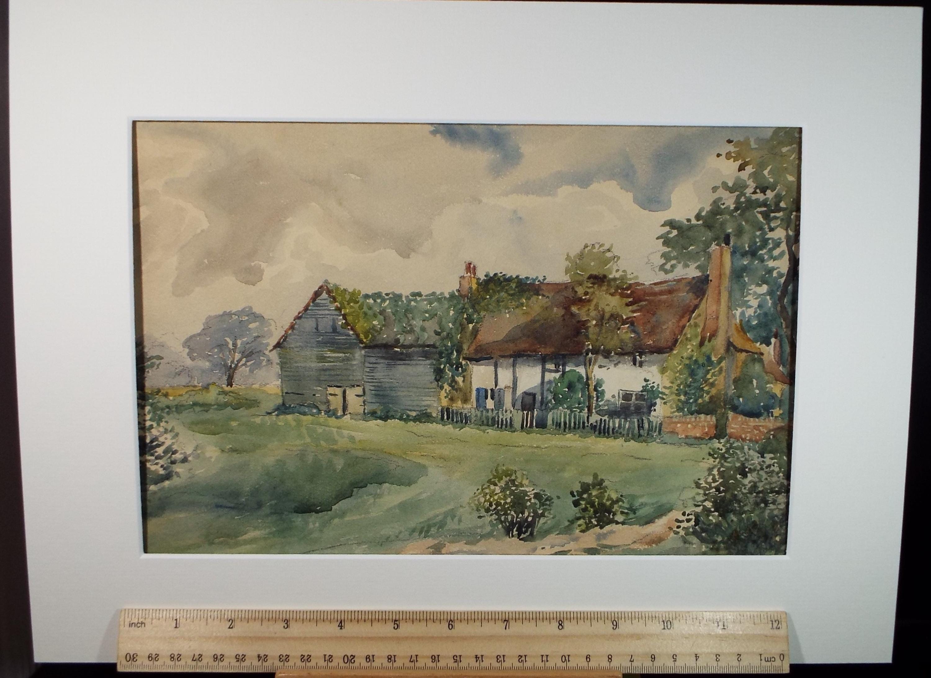 Original Watercolour, 'Half timbered cottage & barn', Late 19th Century, Artist Unknown