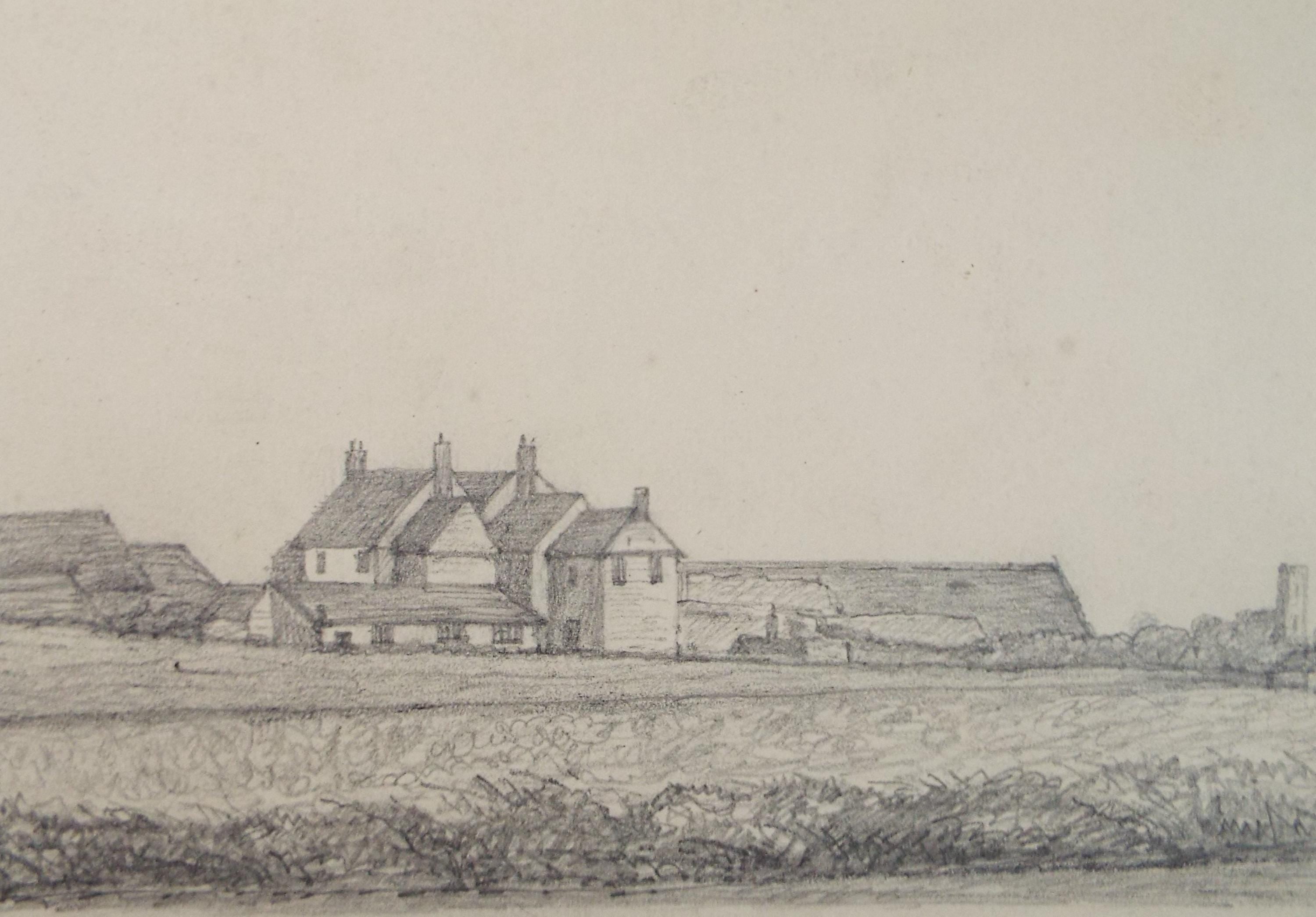 Original Pencil drawing, 'Mr Cubbits Farm. Bacton', dated 1879, artist unknown