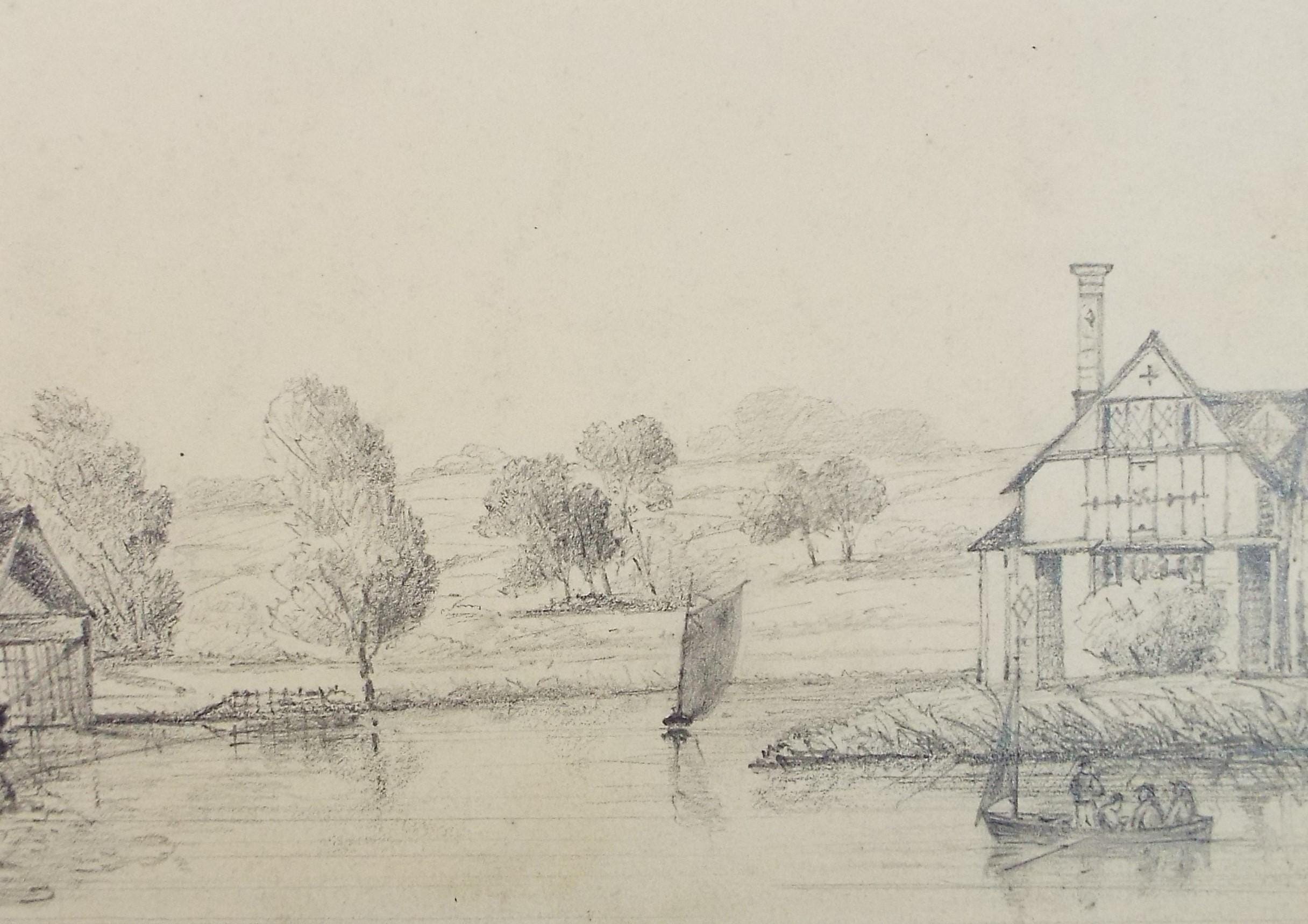 Original Pencil drawing, 'On the River', Circa 1870's, artist unknown