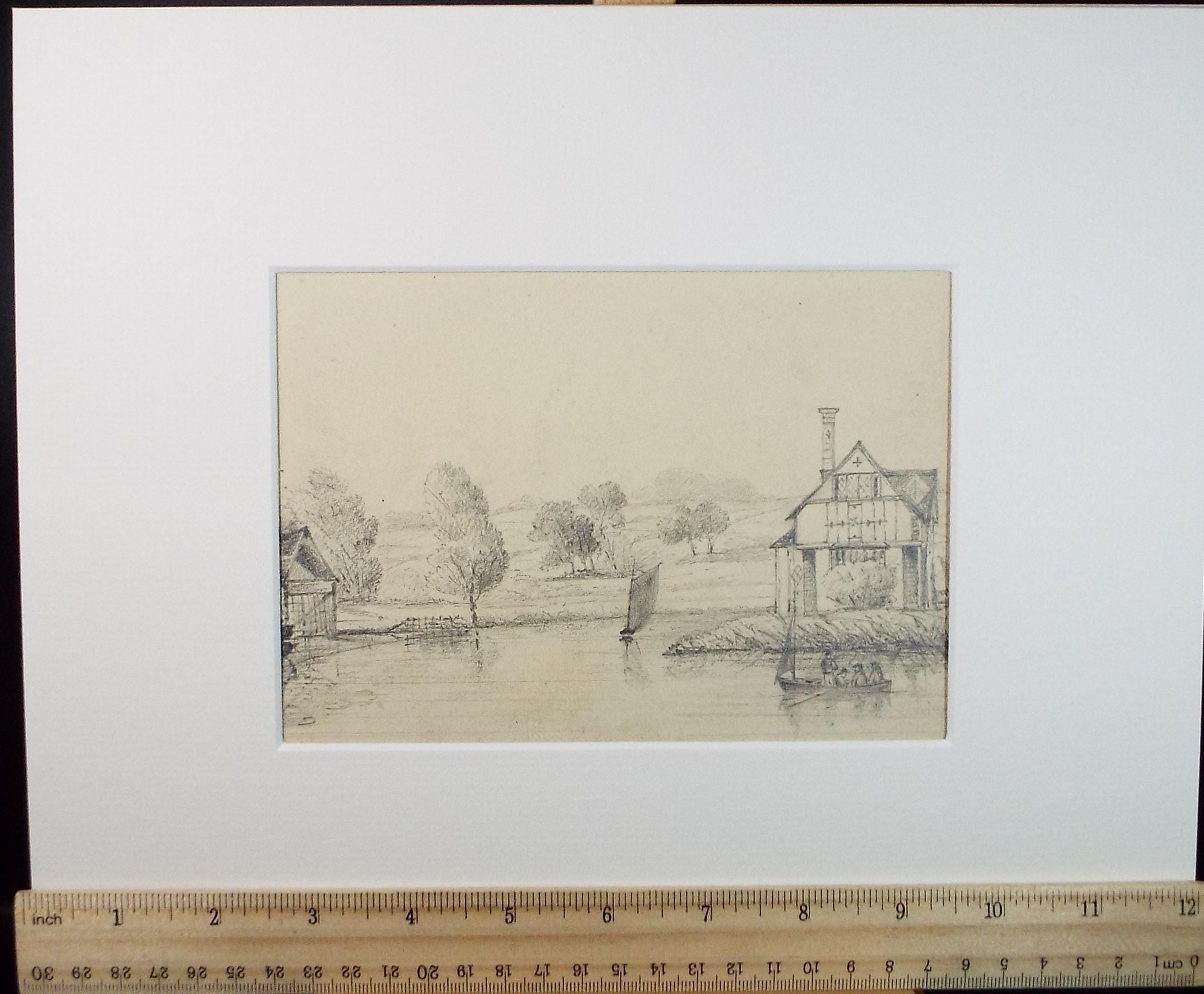 Original Pencil drawing, 'On the River', Circa 1870's, artist unknown