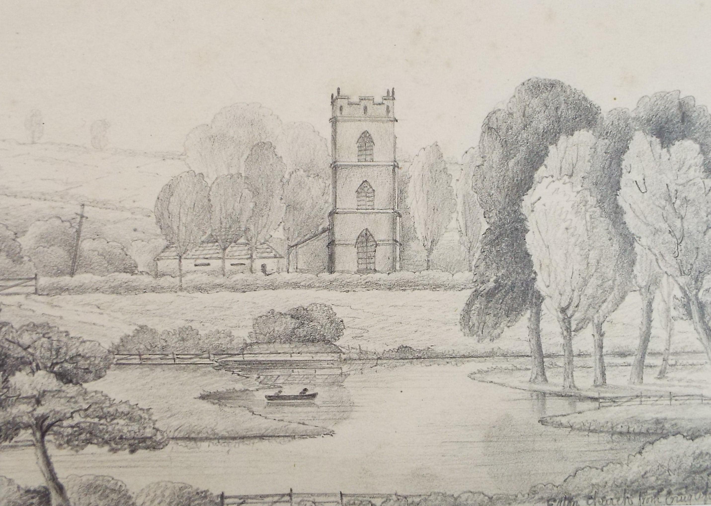 Original Pencil drawing, 'Eaton Church', Circa 1870's, artist unknown