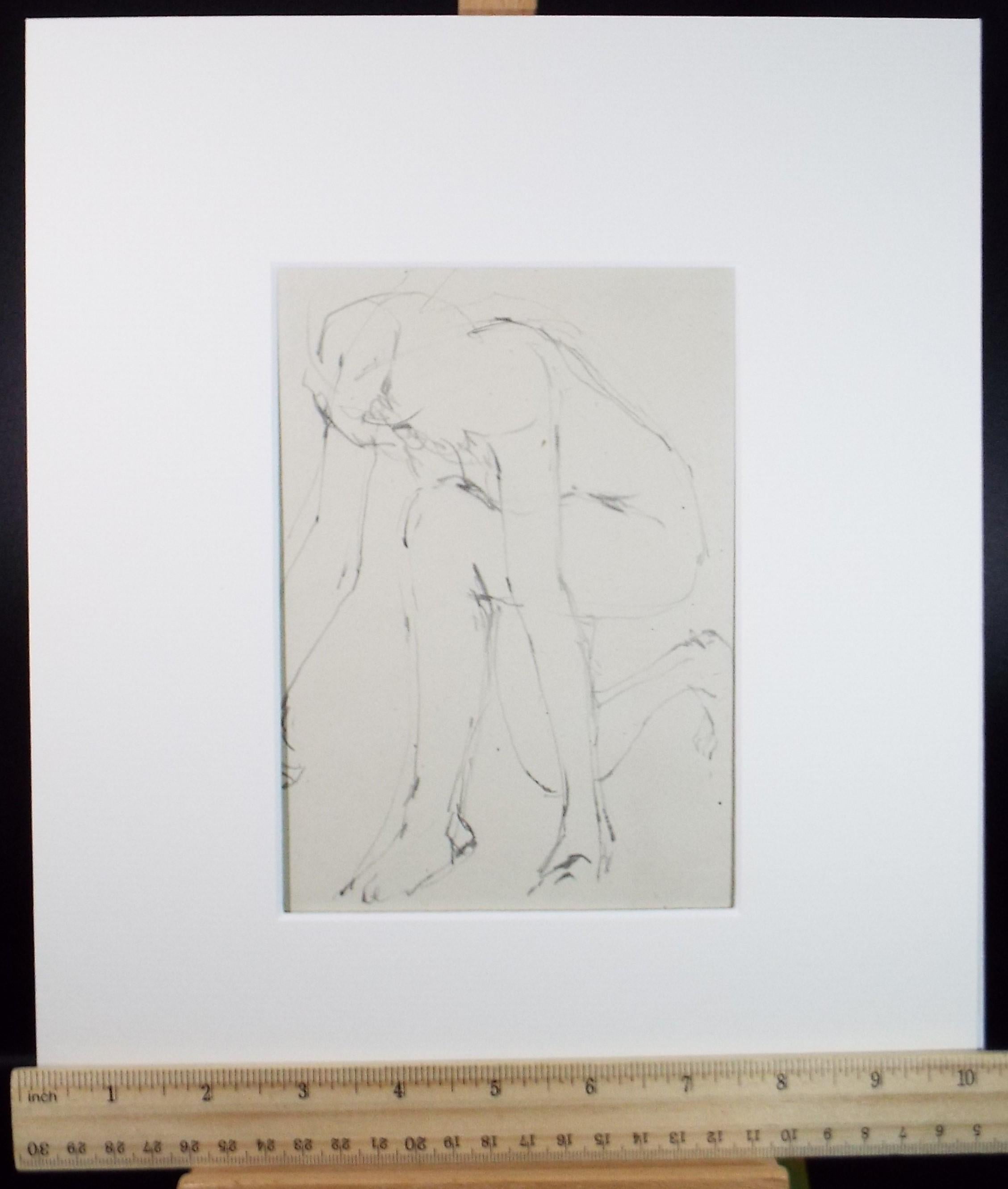 Pencil drawing 'crouching female', c1950s, C.D. Finley