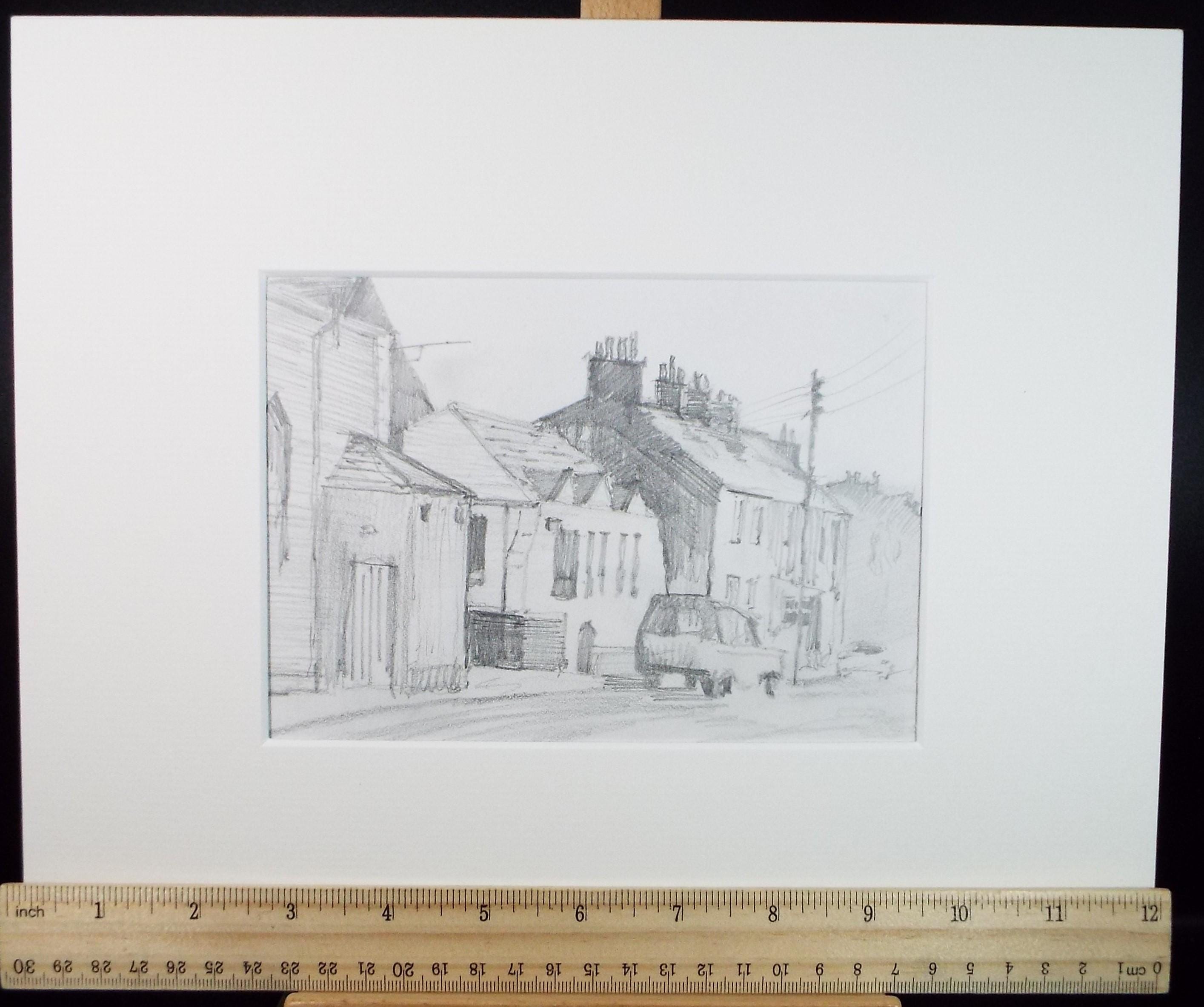 Original Pencil drawing 'Street Scene' - dated 1986, Artist Unknown