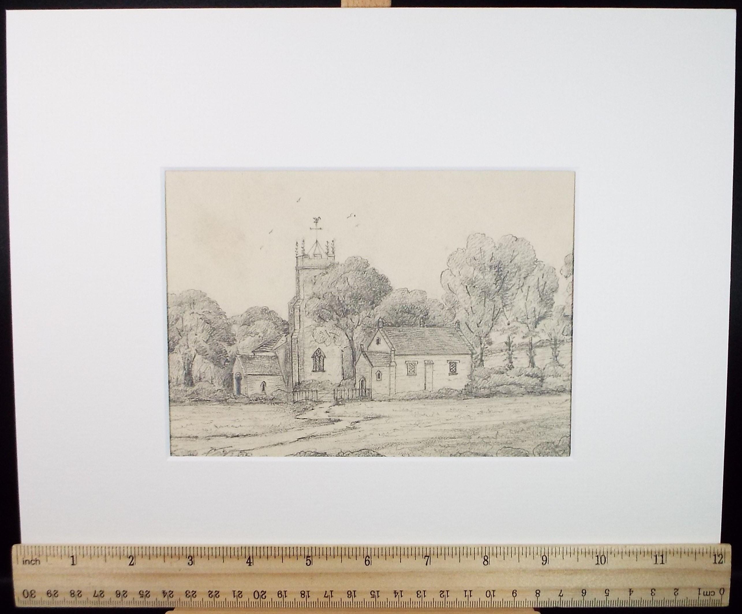 Original Pencil drawing, 'Church study', Dated 1873', artist unknown