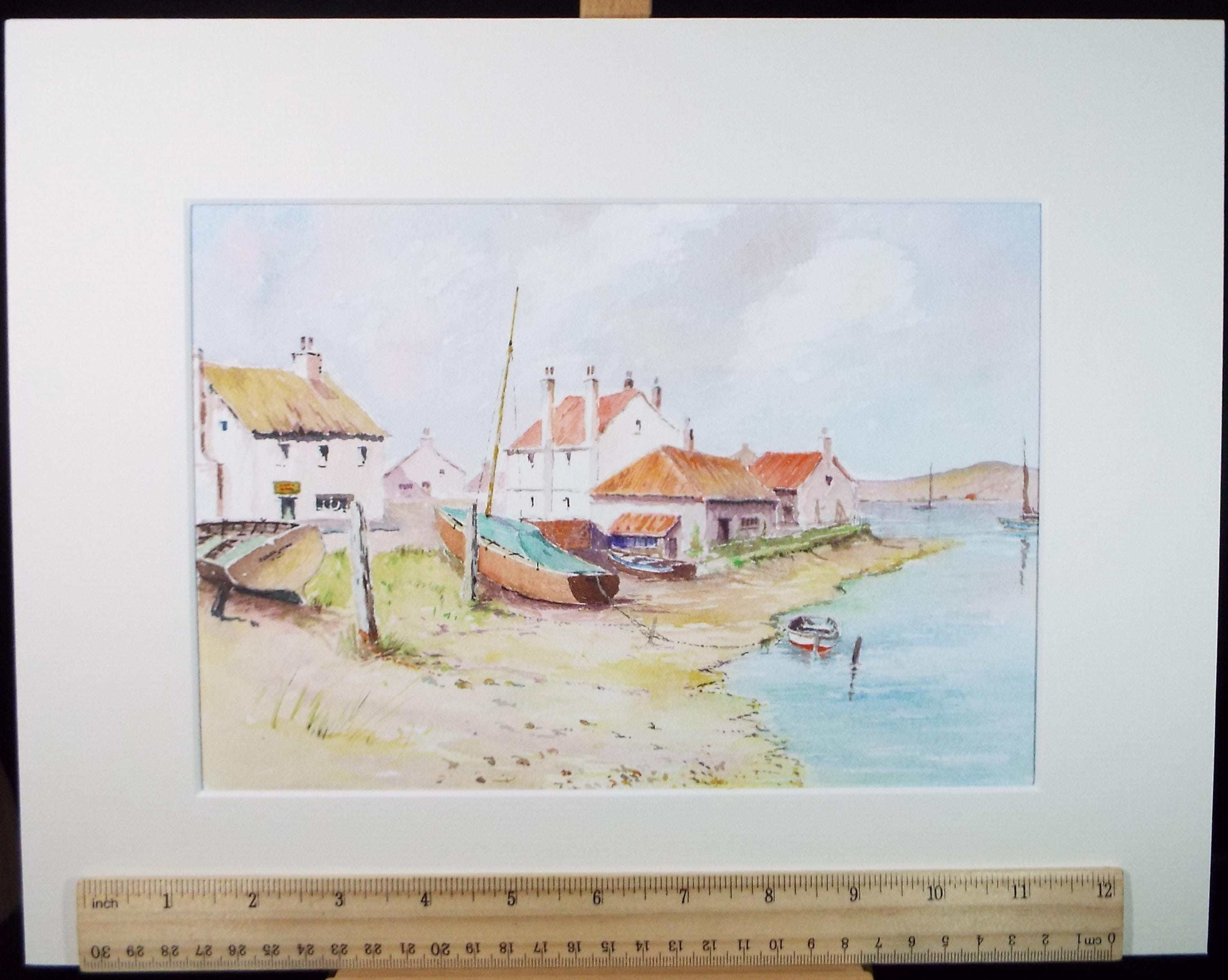 Original Watercolour, 'Fishing Village', circa 1980's, V R Burrow