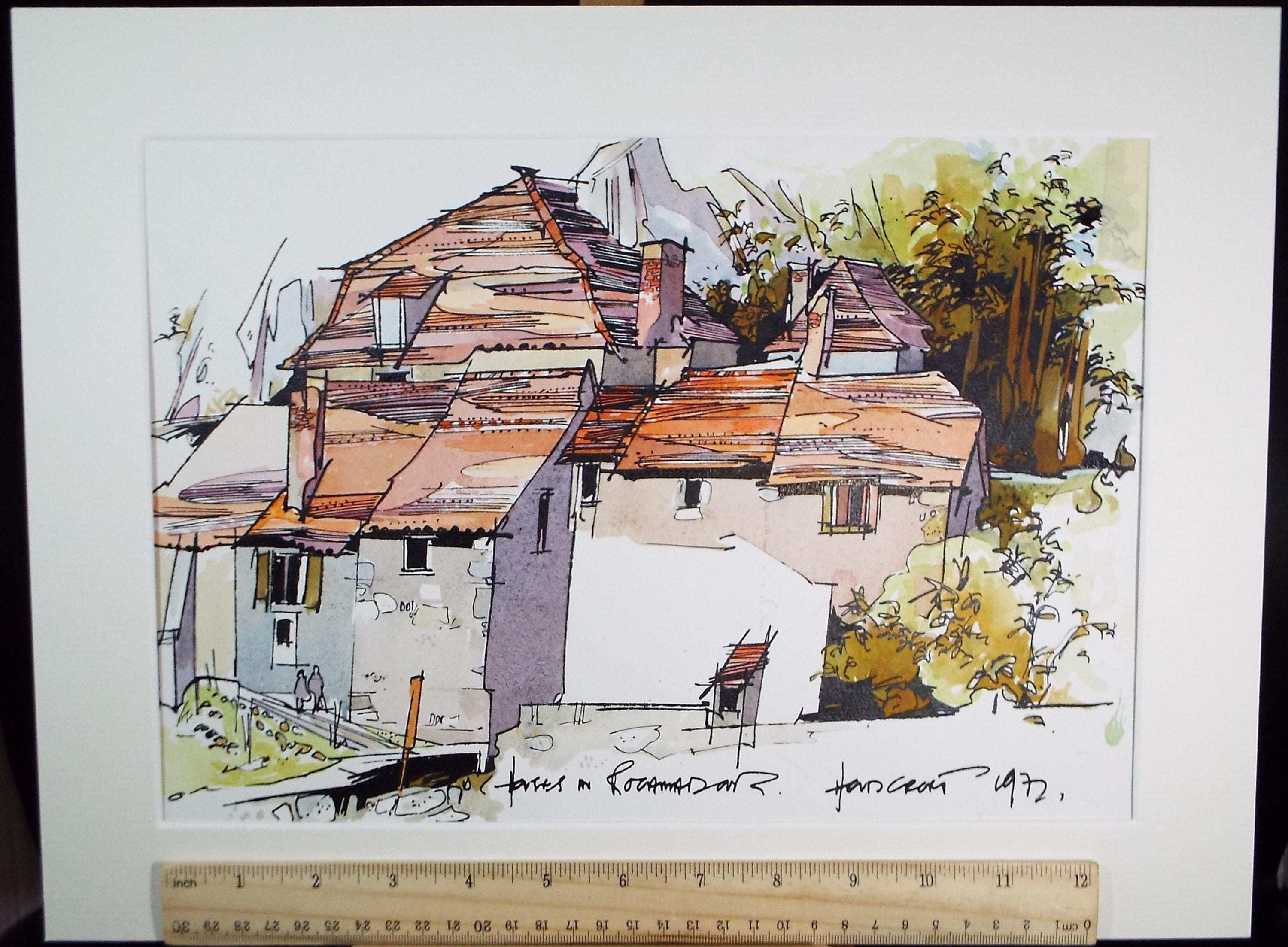 Original Ink & watercolour drawing , 'Houses, Rocamadour', John Hambleton Holdcroft (1926-2014), dated 1972
