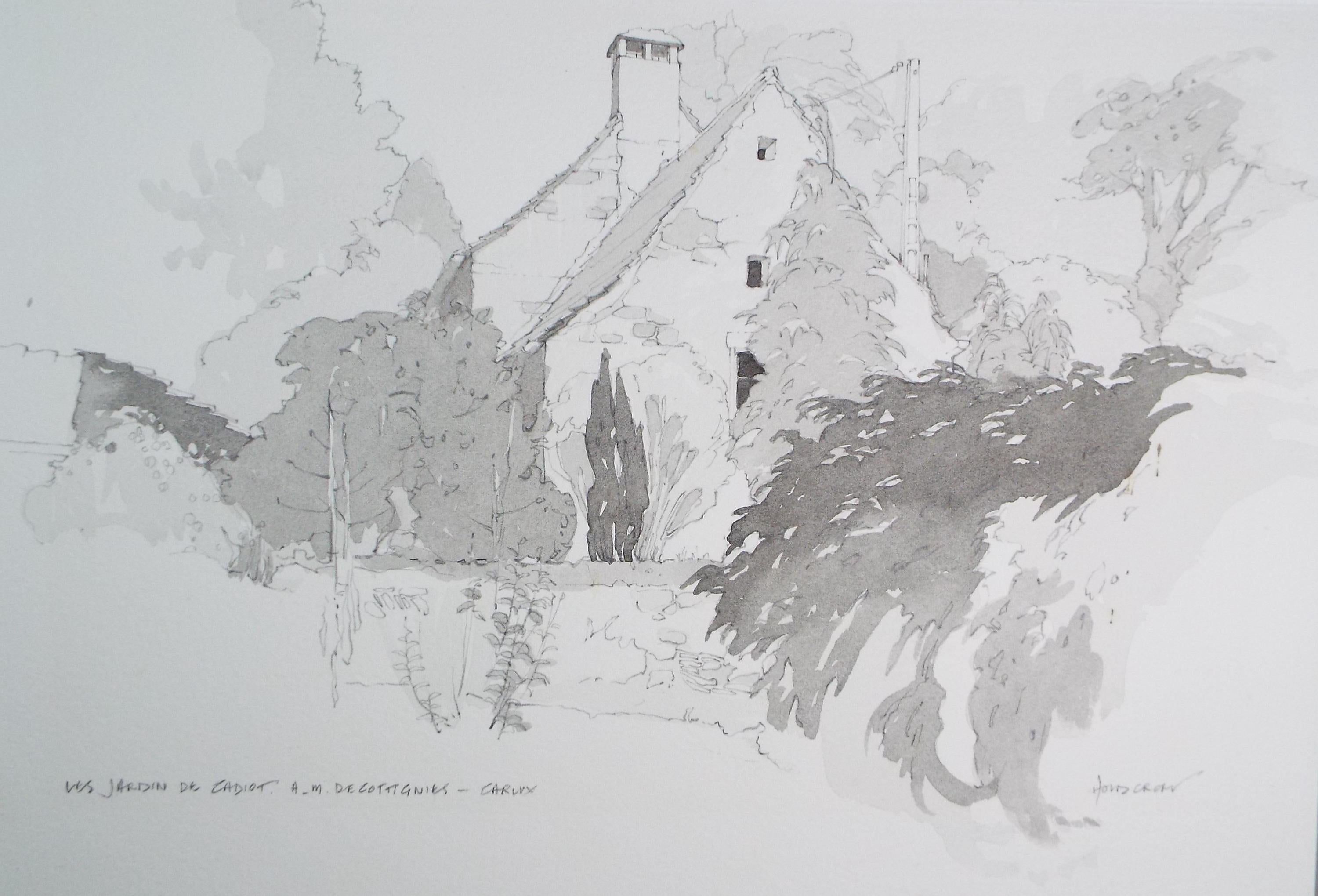 Original Pencil & wash drawing , 'Les Jardin de Cadiot ', John Hambleton Holdcroft (1926-2014), Circa 1970's