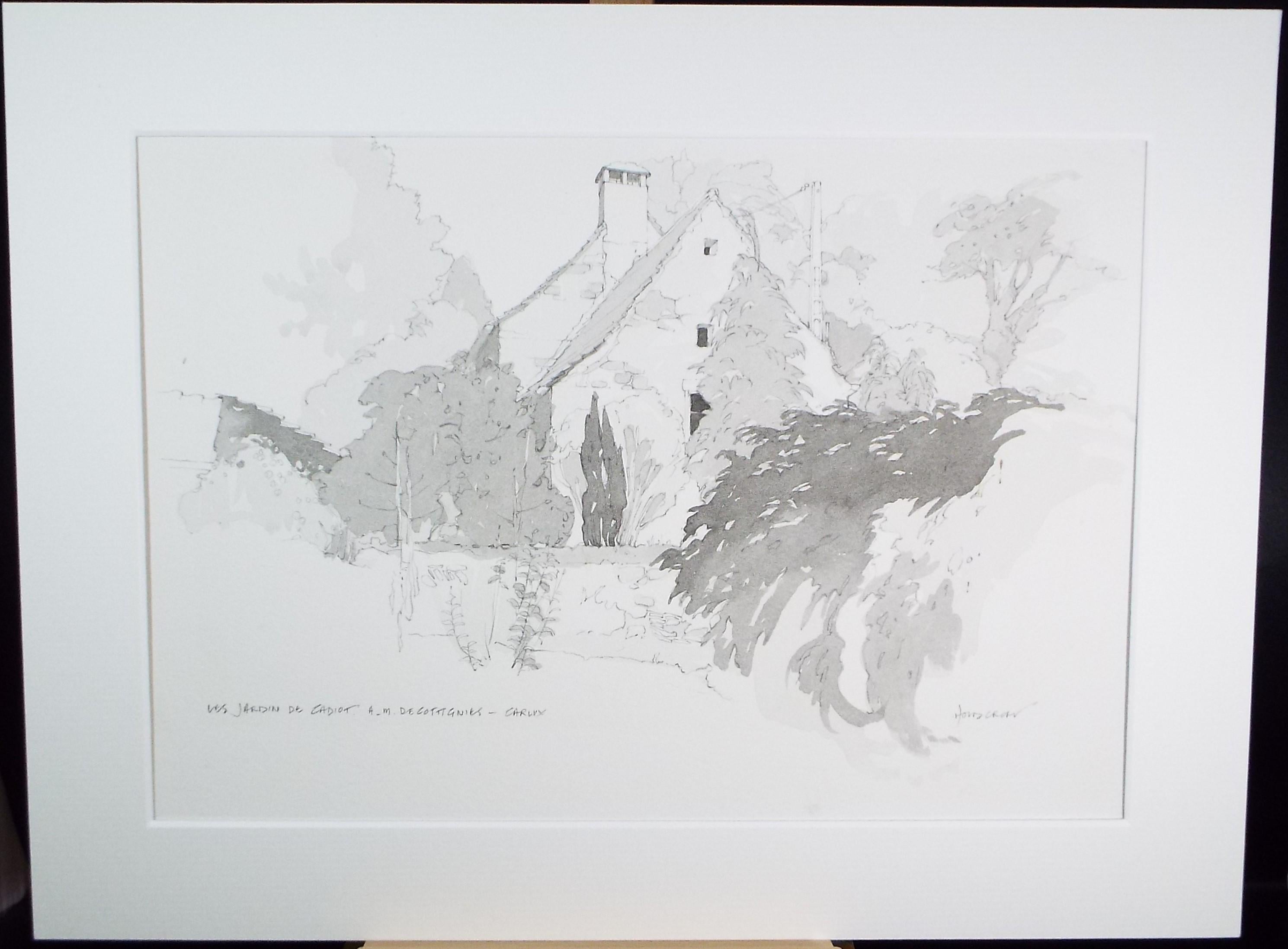 Original Pencil & wash drawing , 'Les Jardin de Cadiot ', John Hambleton Holdcroft (1926-2014), Circa 1970's