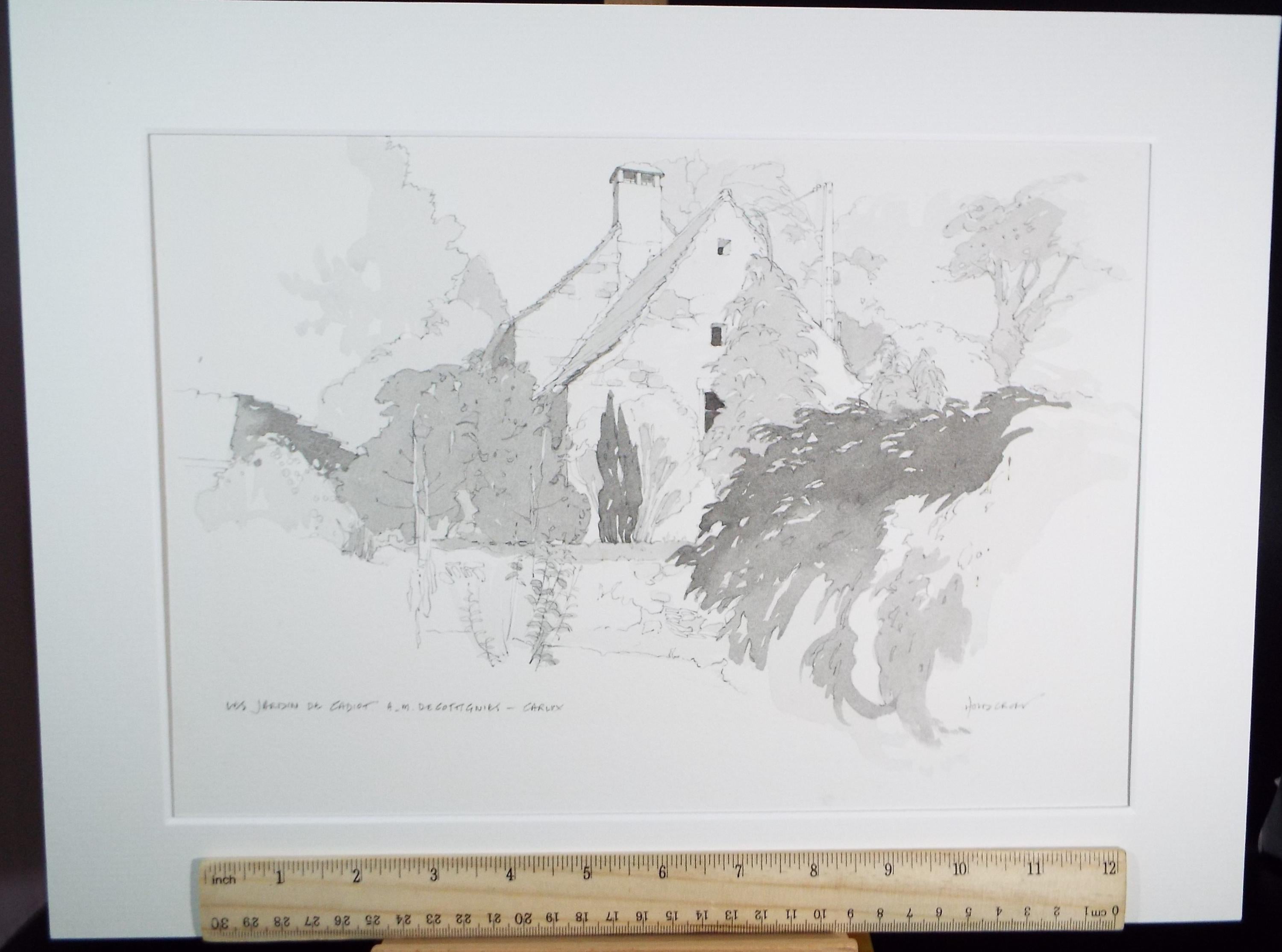 Original Pencil & wash drawing , 'Les Jardin de Cadiot ', John Hambleton Holdcroft (1926-2014), Circa 1970's