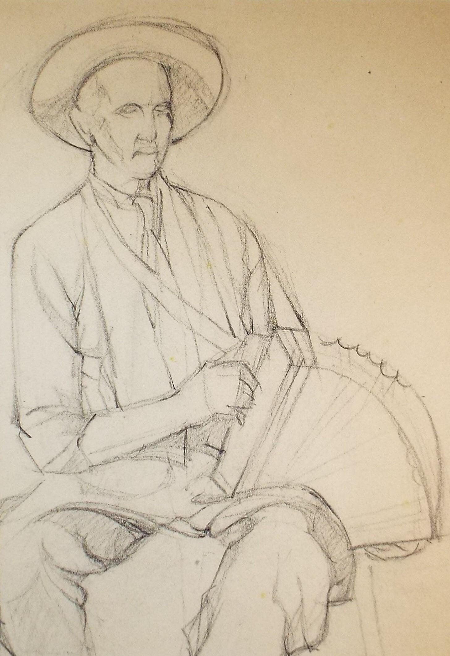 Pencil drawing 'Figure with an Accordion', c1950s, C.D. Finley