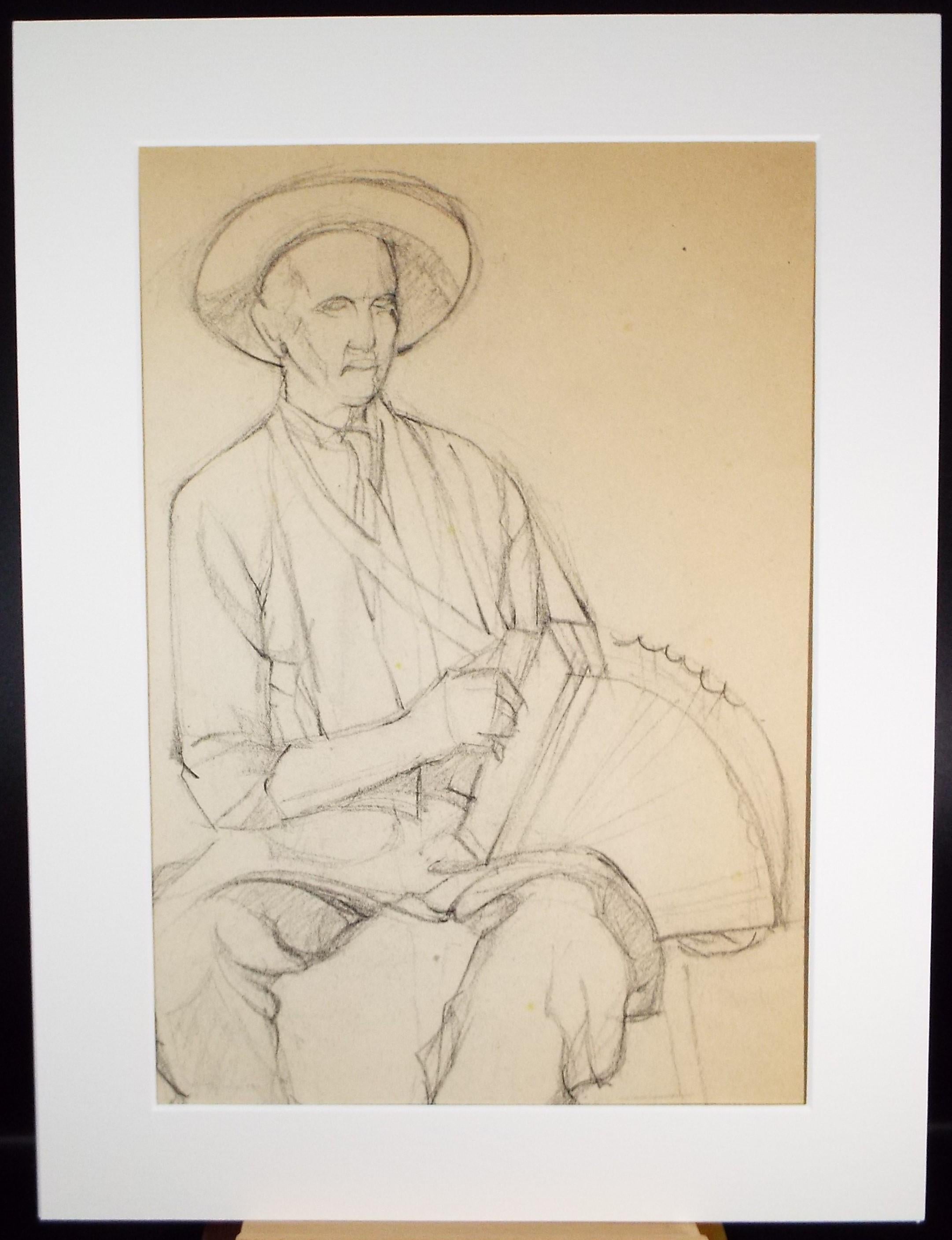 Pencil drawing 'Figure with an Accordion', c1950s, C.D. Finley