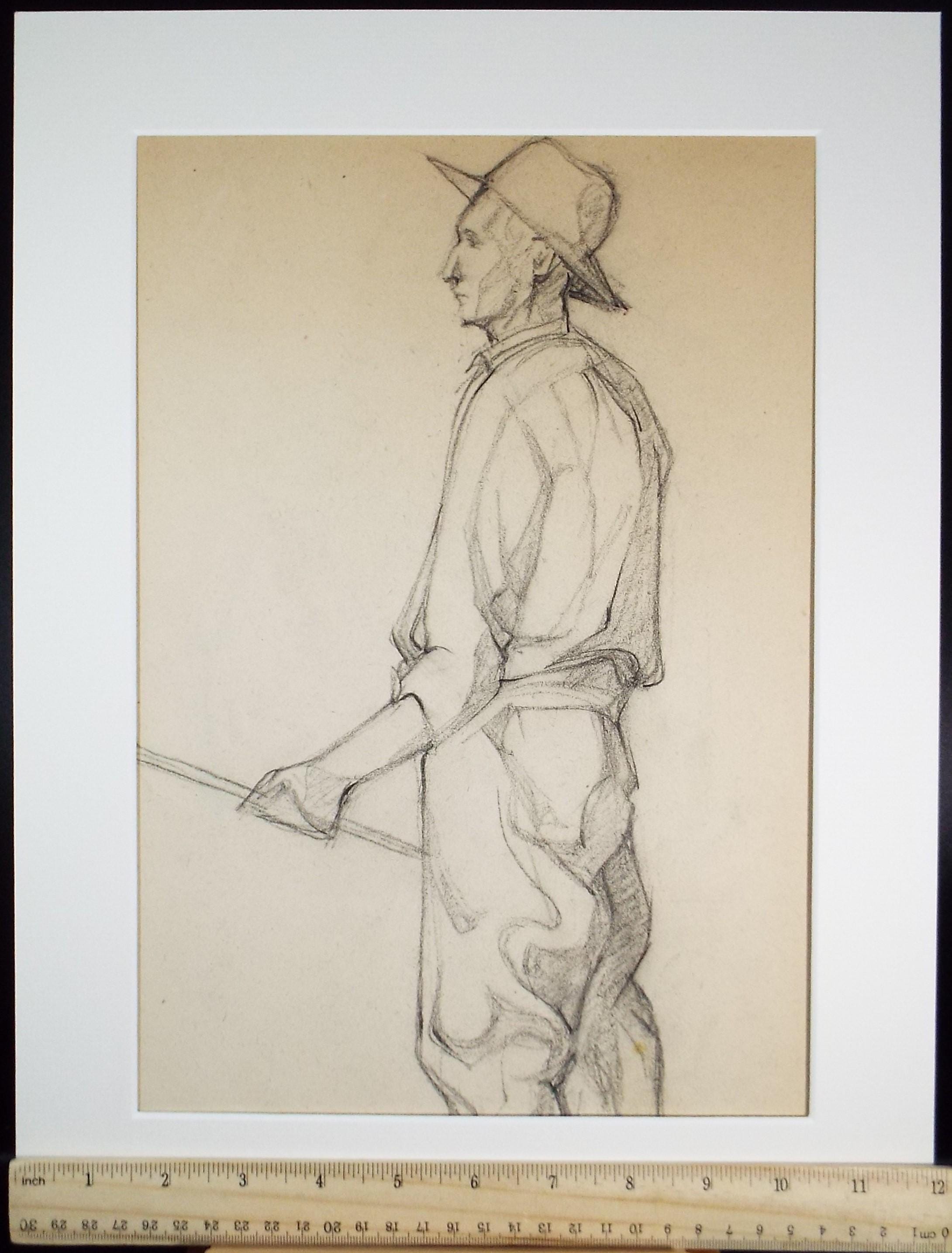 Pencil drawing 'Figure of a farm worker', c1950s, C.D. Finley