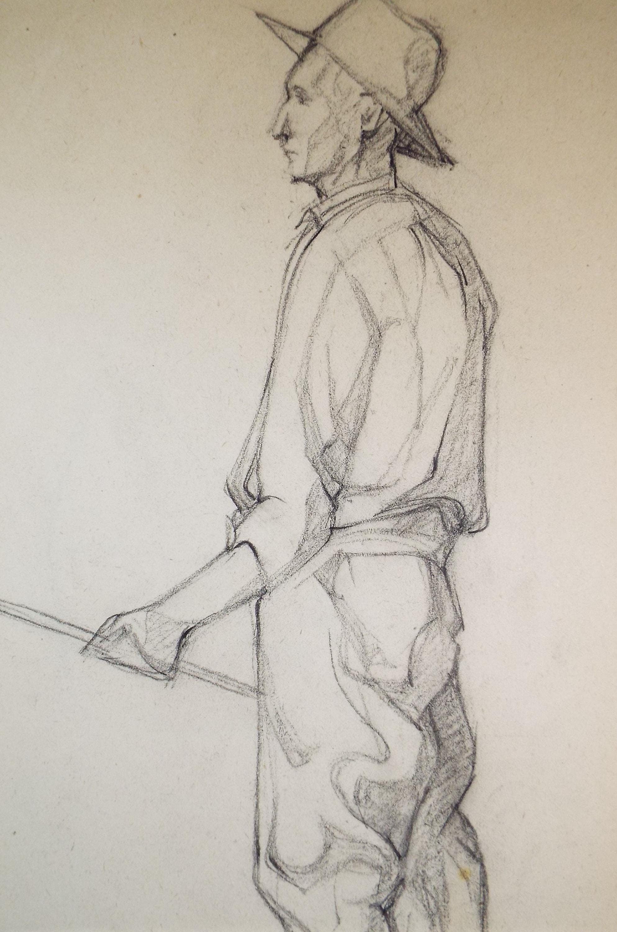 Pencil drawing 'Figure of a farm worker', c1950s, C.D. Finley