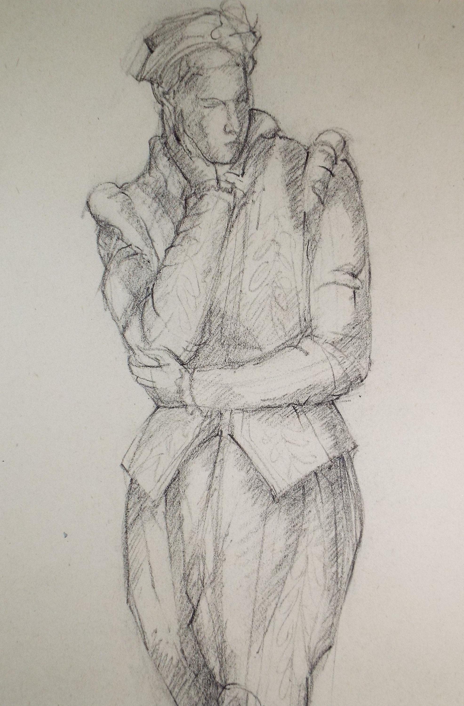 Pencil drawing 'Figure in Elizabethan dress', c1950s, C.D. Finley