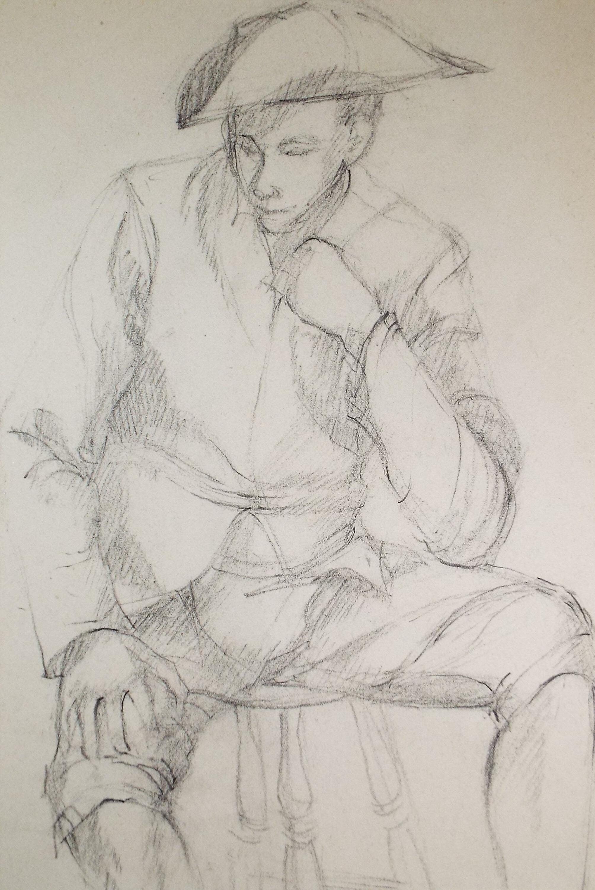Pencil drawing, 'Figure in a Tricorn hat', c1950s, C.D. Finley