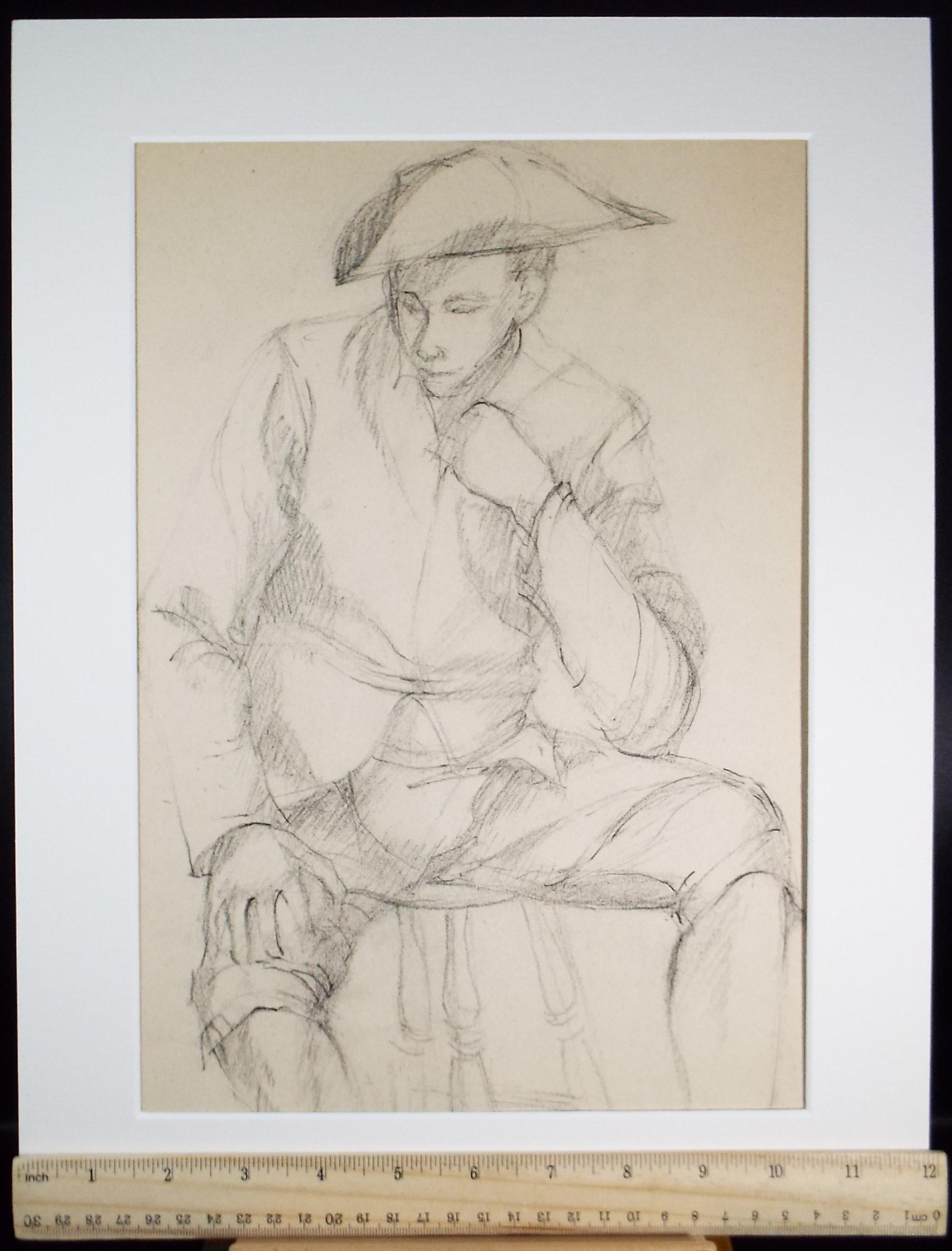 Pencil drawing, 'Figure in a Tricorn hat', c1950s, C.D. Finley
