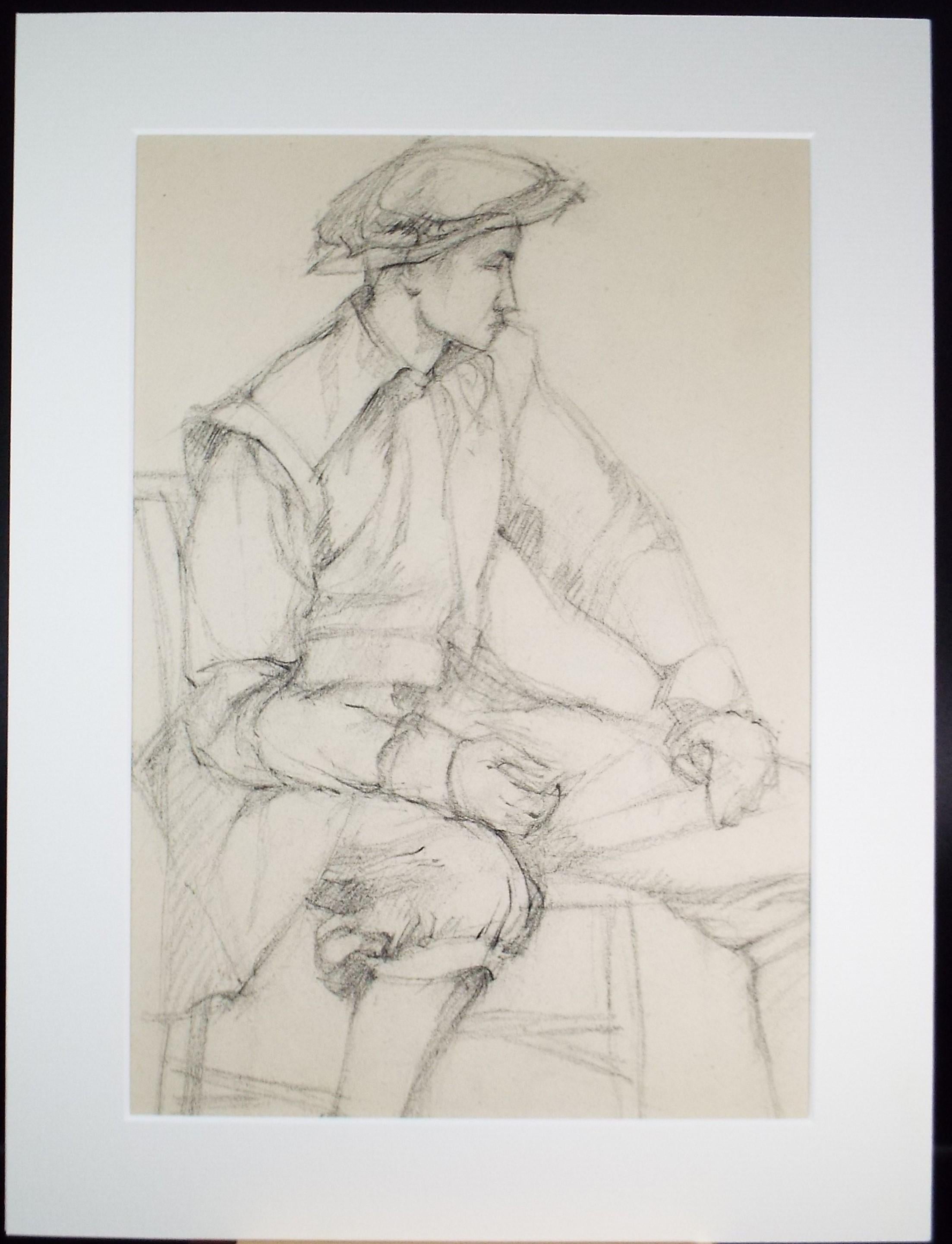 Pencil drawing 'Seated figure in Elizabethan dress', c1950s, C.D. Finley
