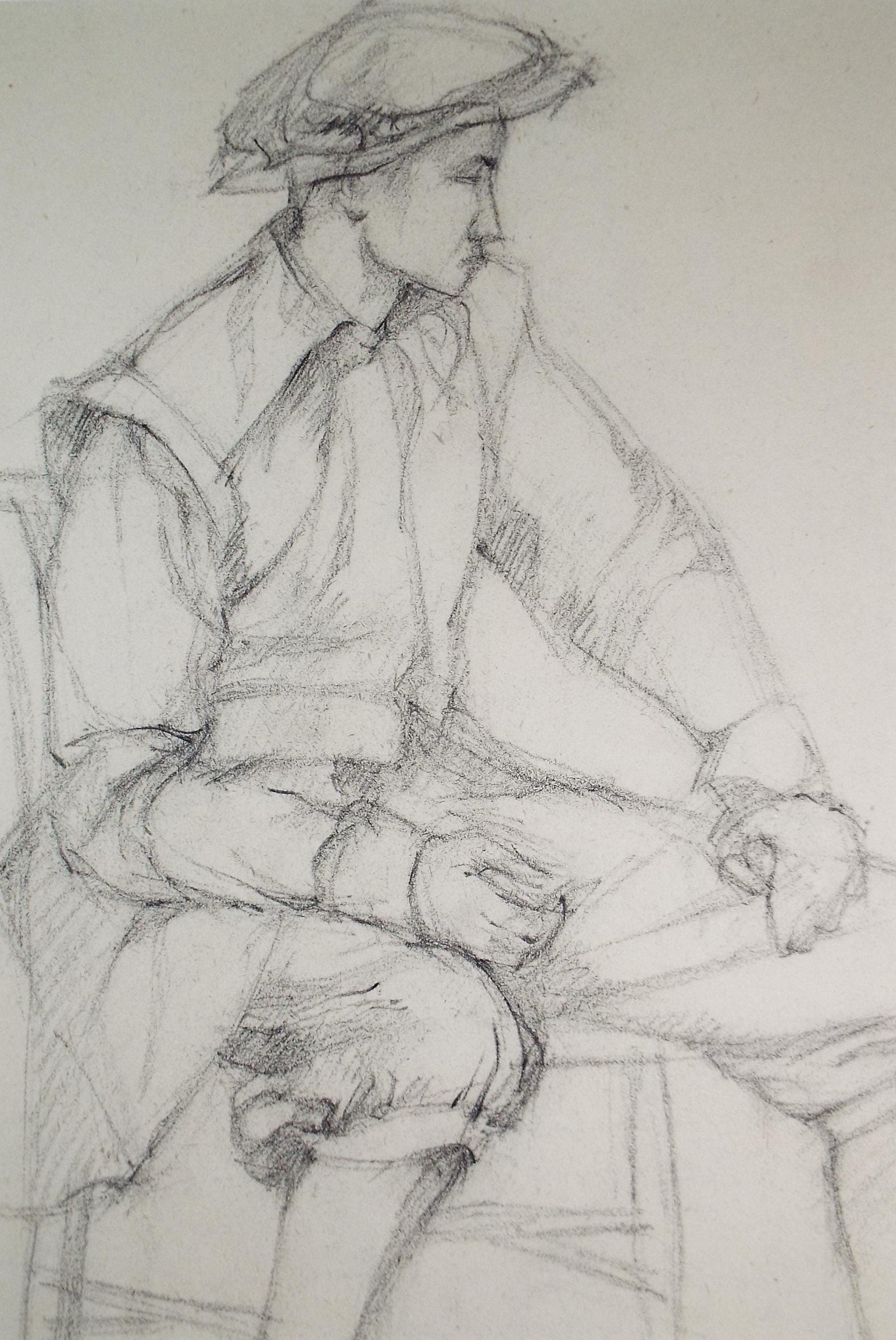 Pencil drawing 'Seated figure in Elizabethan dress', c1950s, C.D. Finley