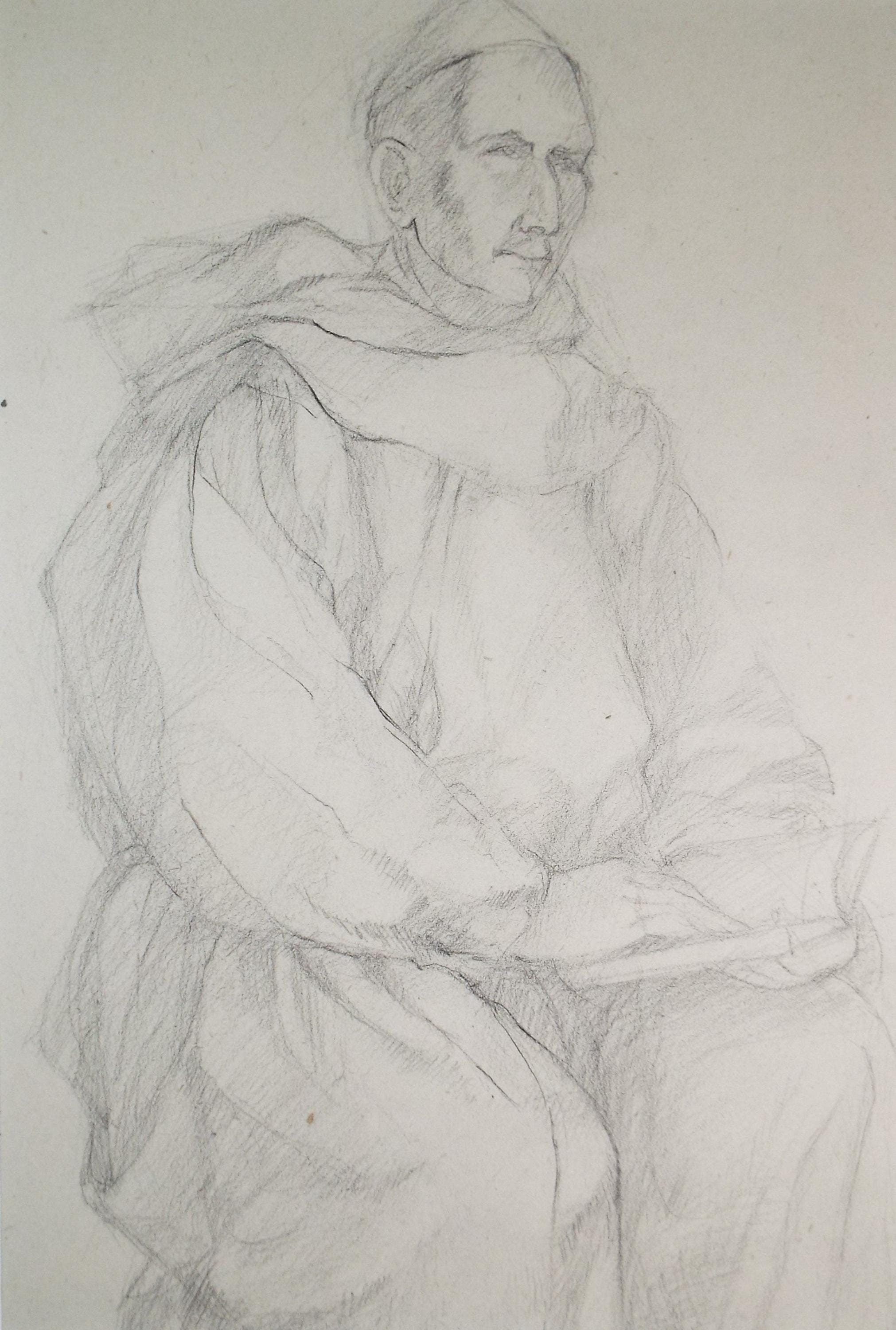 Pencil drawing 'Seated priest', c1950s, C.D. Finley