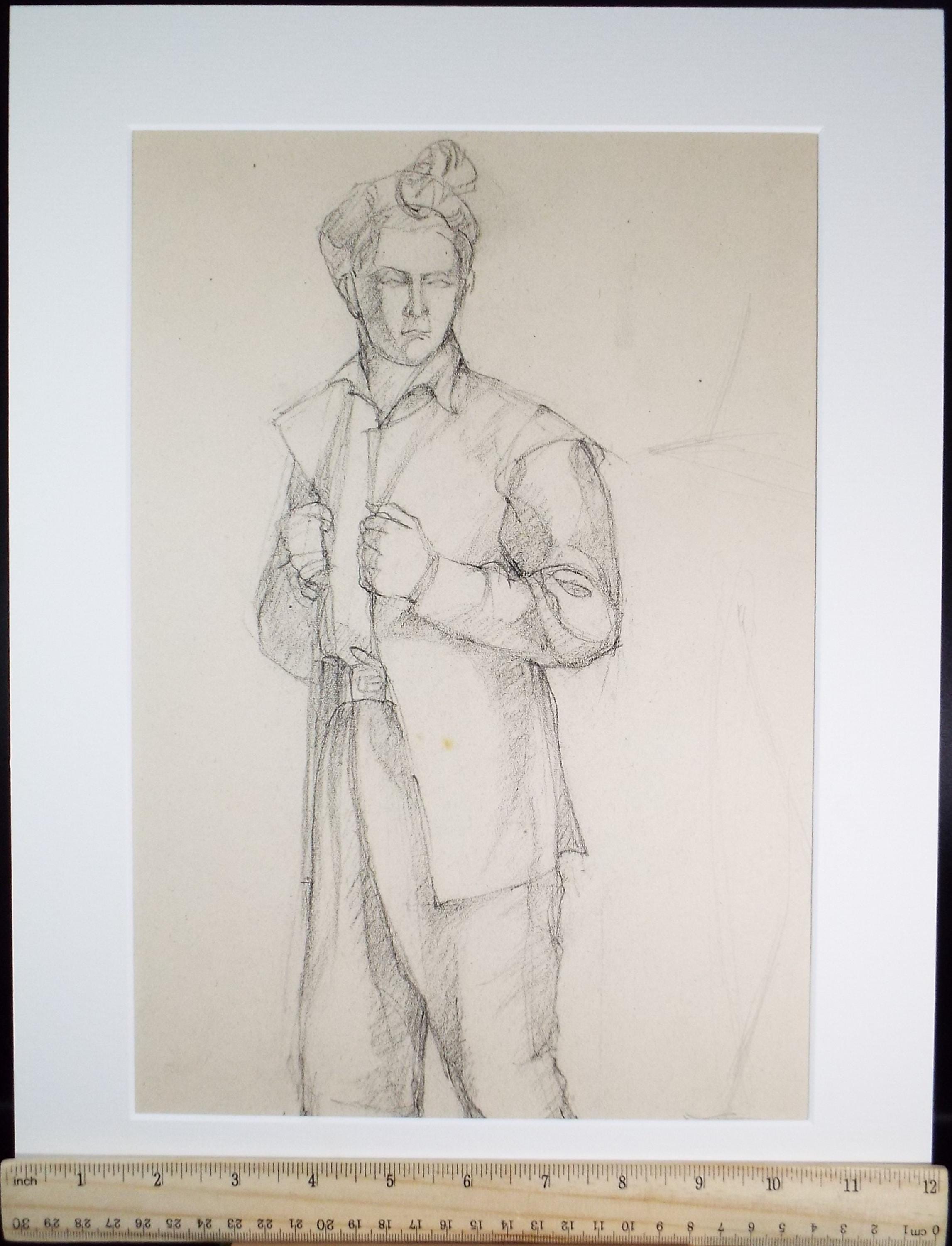 Pencil drawing, 'Man wearing a Tengkolok', c1950s, C.D. Finley