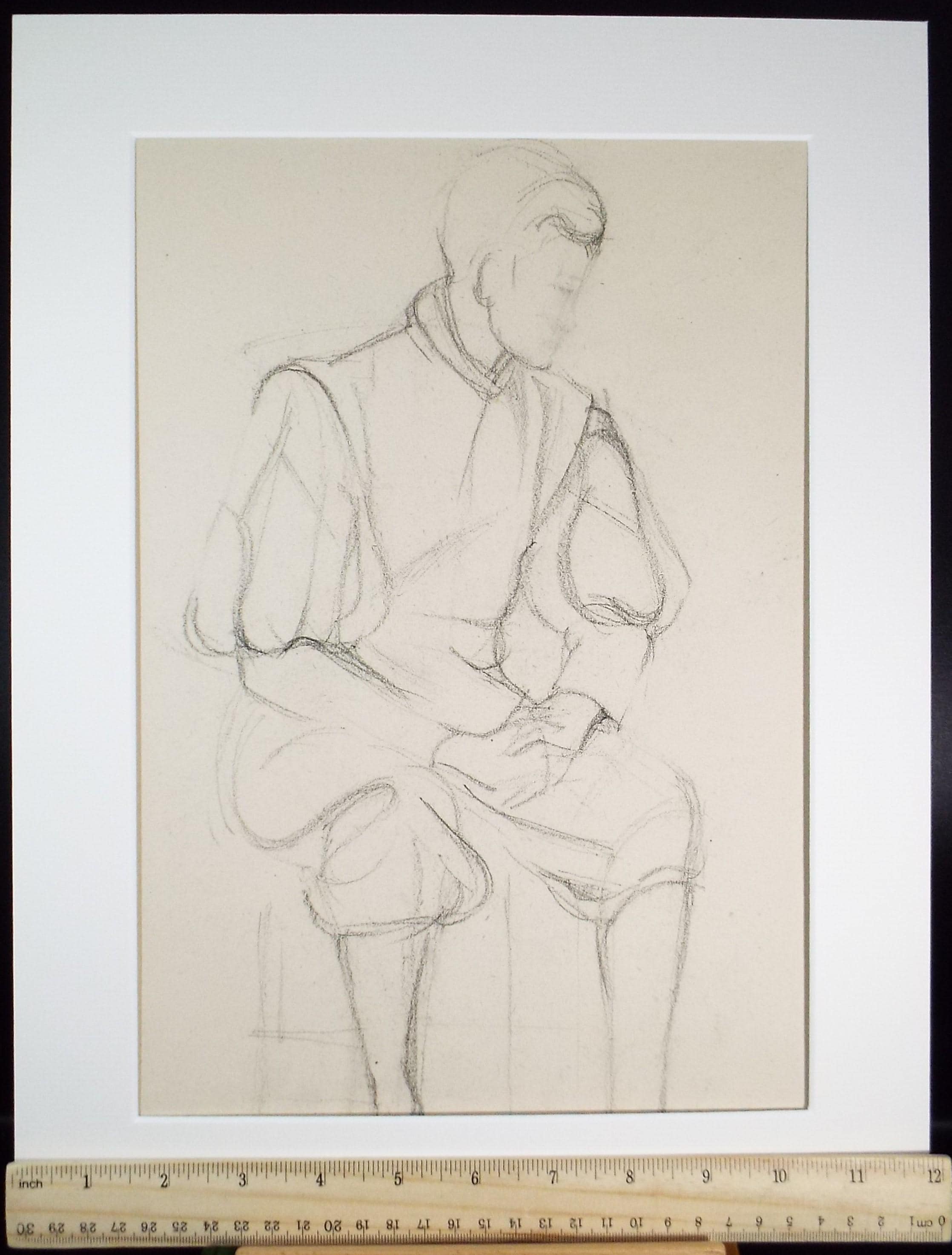 Pencil drawing 'Seated figure in Elizabethan dress', c1950s, C.D. Finley