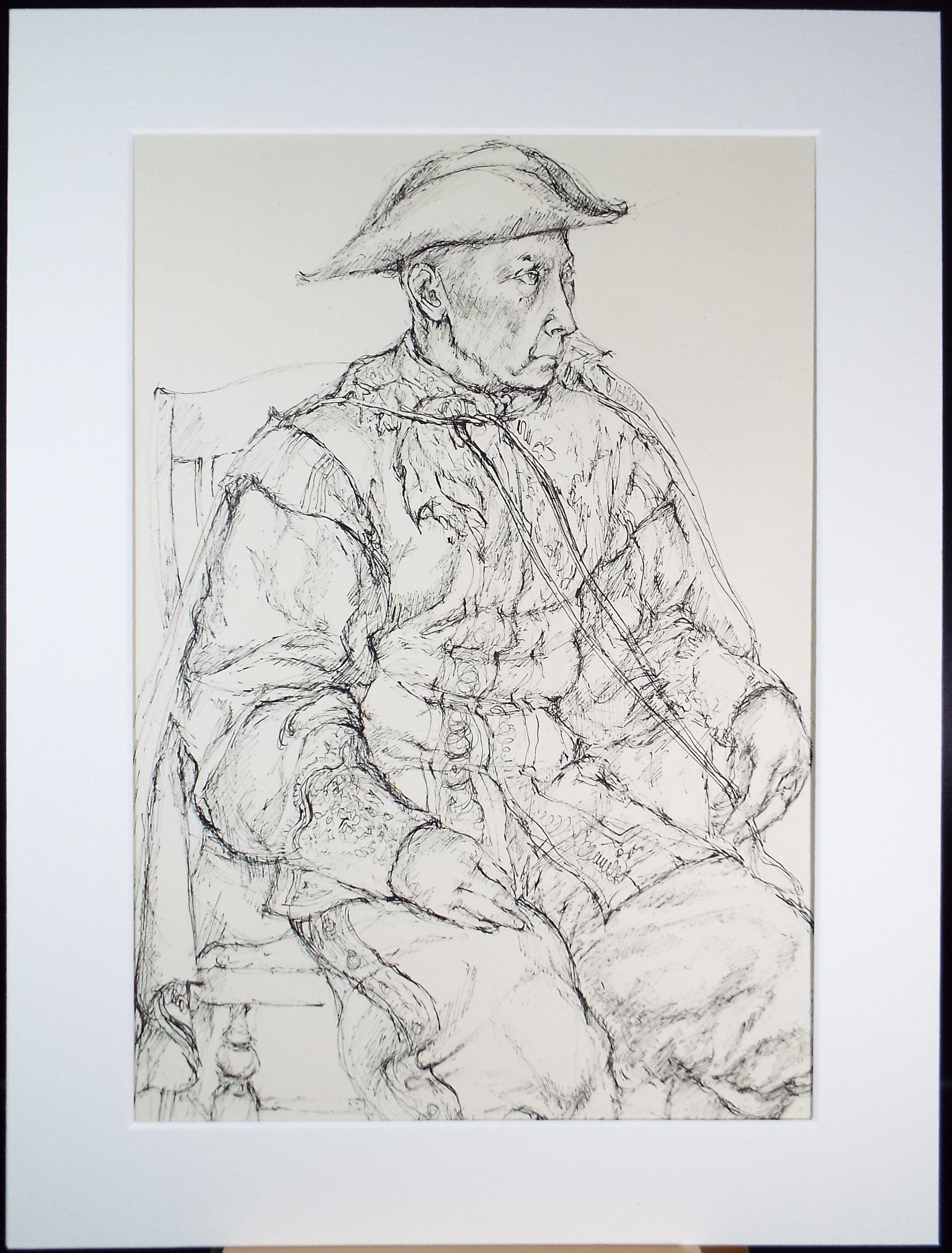 Pen & ink drawing, 'Seated figure in a tricorn hat', c1950s, C.D. Finley