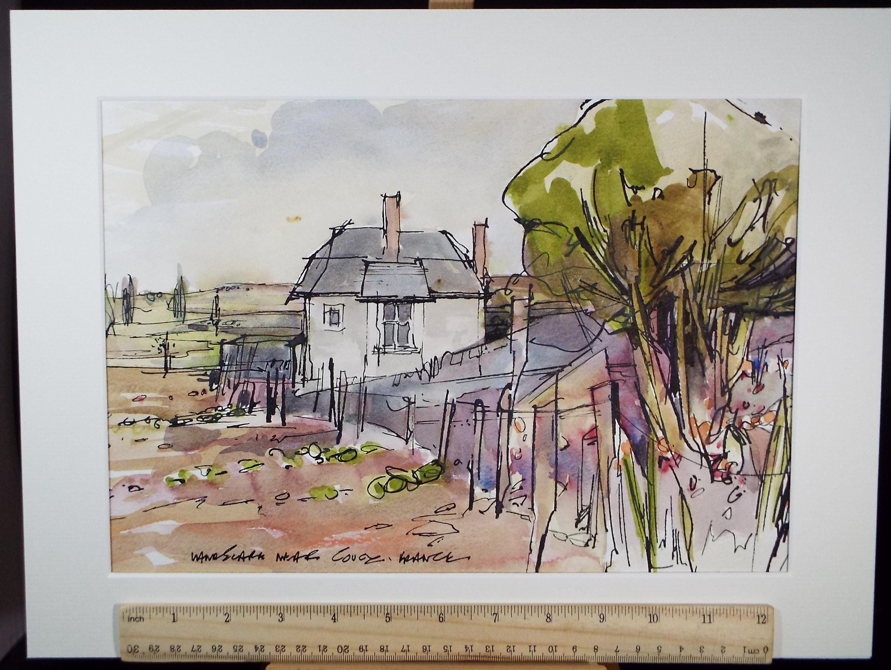 Original Watercolour drawing , 'Near Coucy', John Hambleton Holdcroft (1926-2014), Circa 1970's