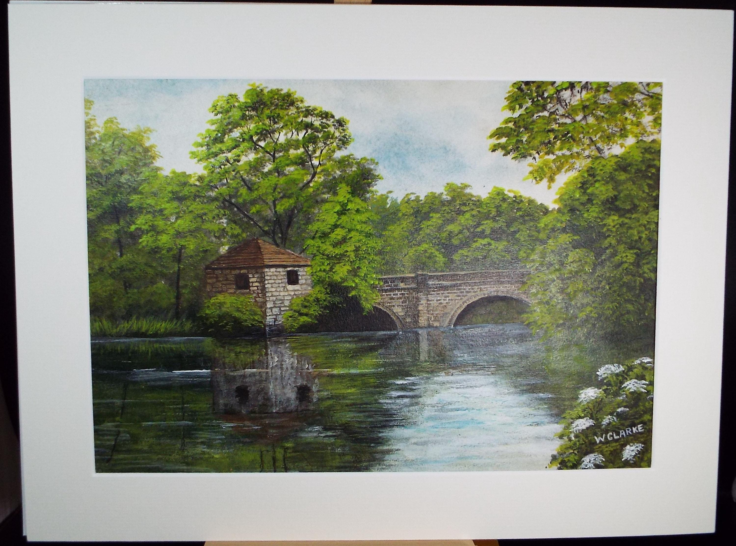 Original Watercolour & Gouache, 'River view with Bridge', c1970s, W Clarke