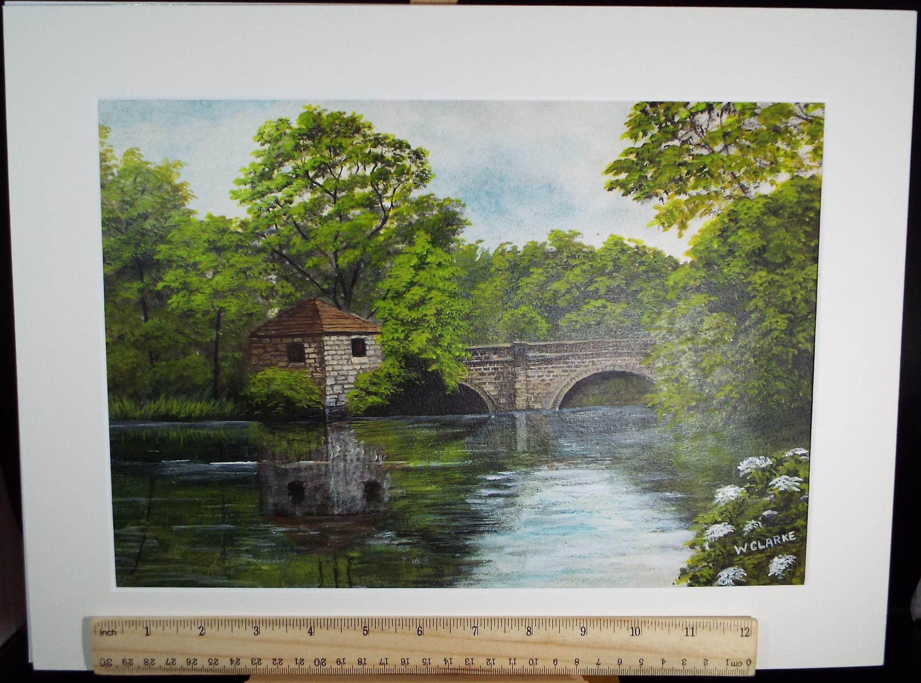 Original Watercolour & Gouache, 'River view with Bridge', c1970s, W Clarke