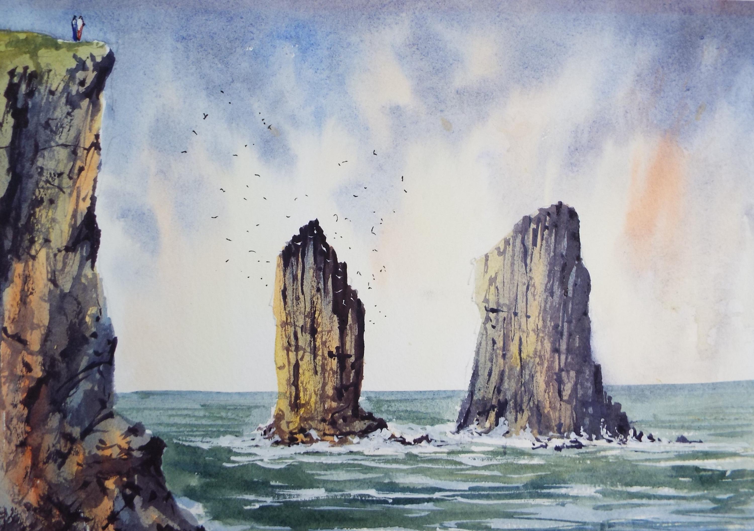 Original Watercolour, 'Sea Stacks with Figures', Dated 1999, A Micloy