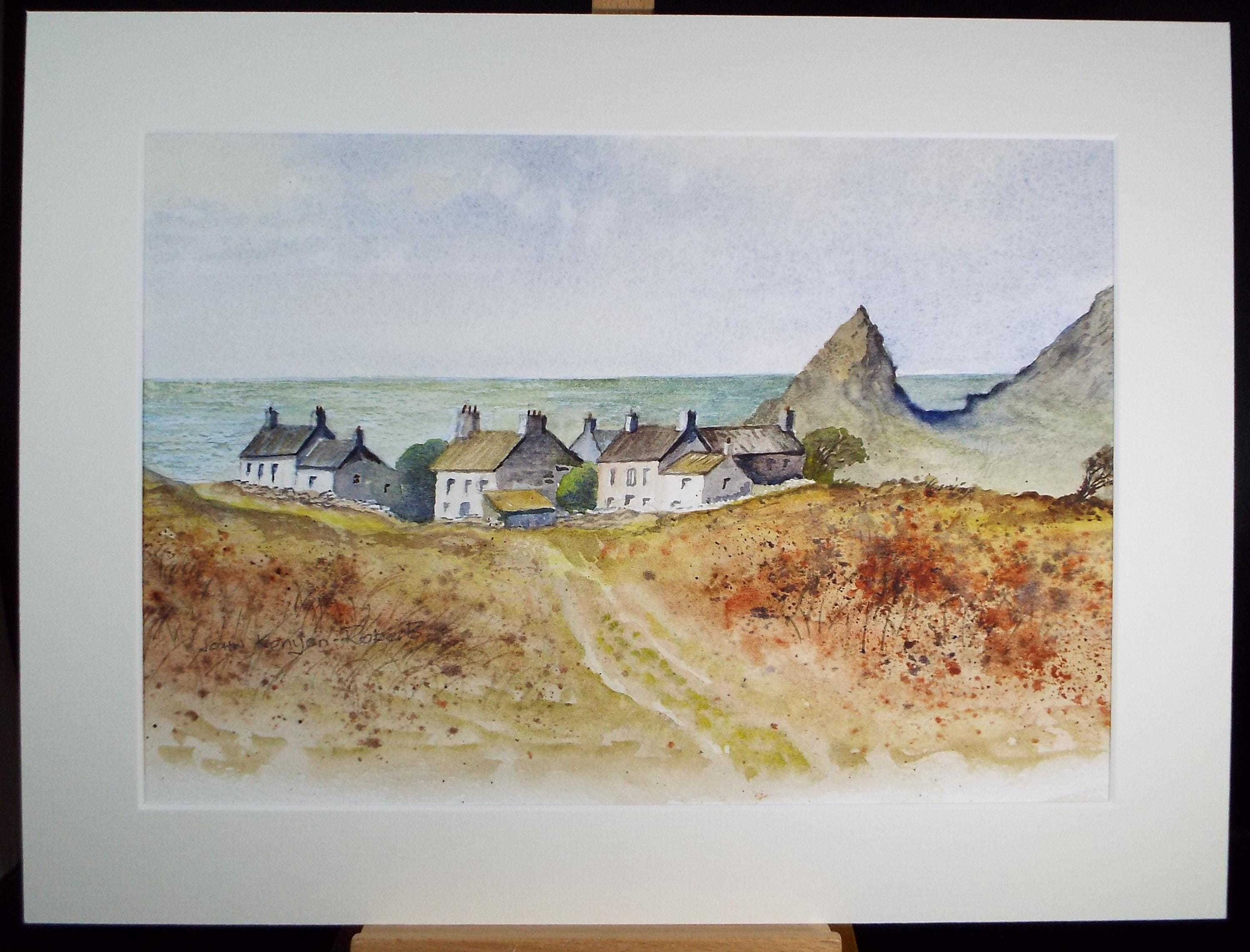 Original Watercolour, 'Cottages by the sea', John Kenyon Roberts, circa 1990's