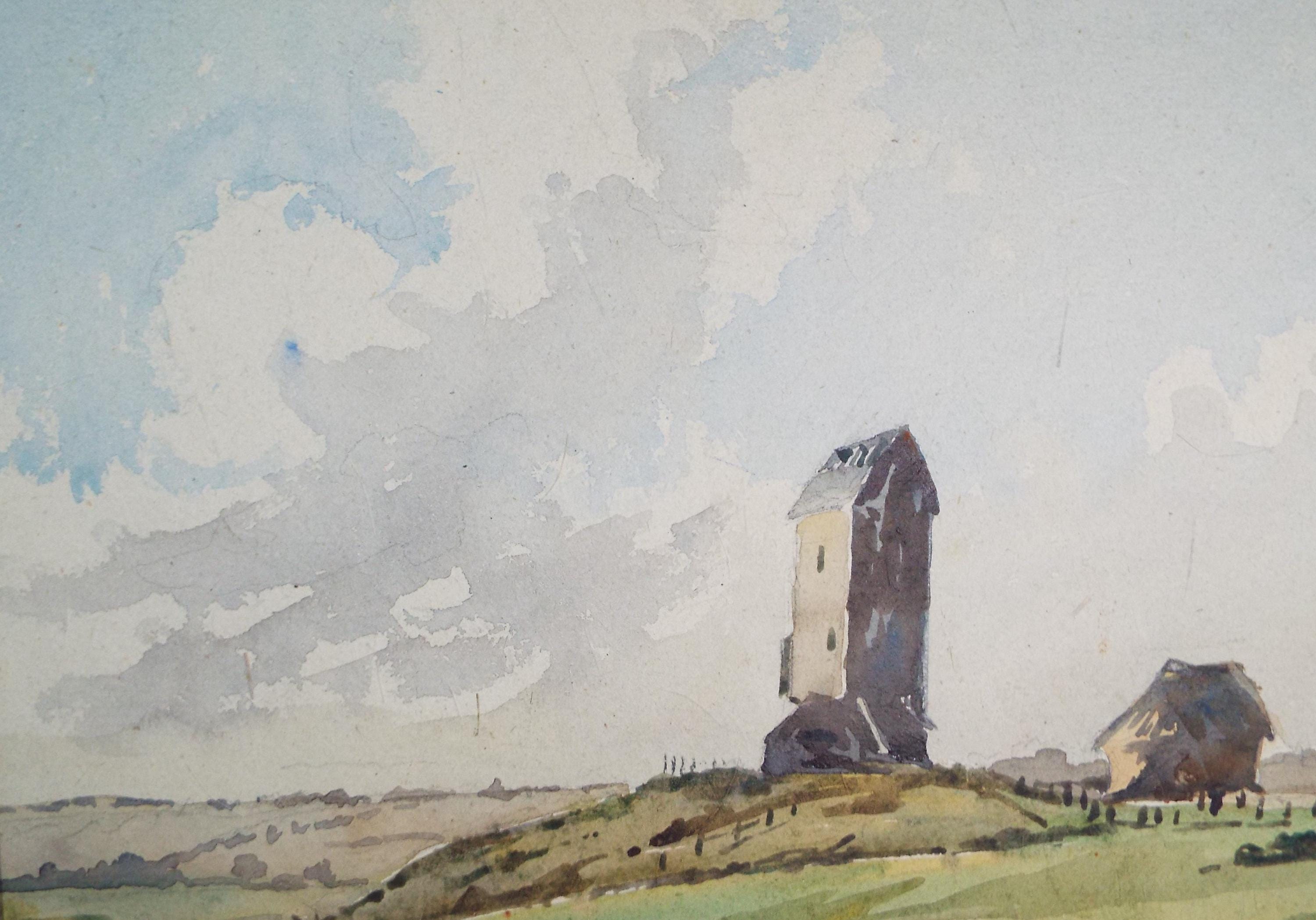 Original Watercolour, 'Windmill with lost sails', Circa 1950's, Artist Unknown