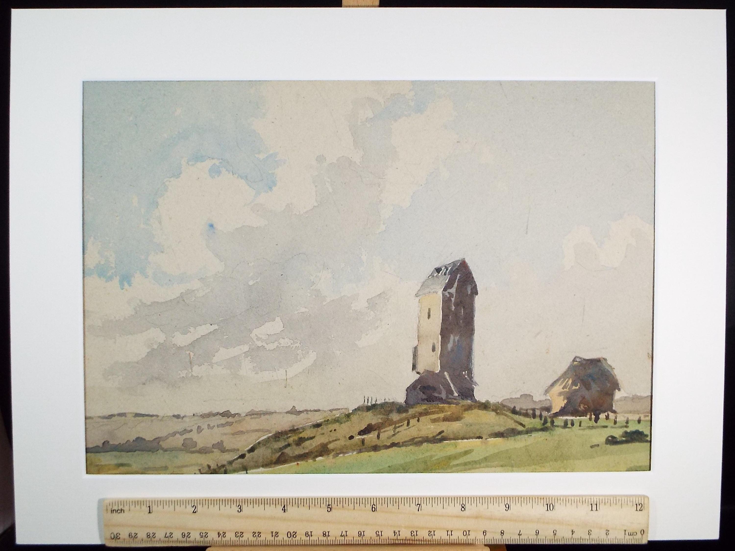 Original Watercolour, 'Windmill with lost sails', Circa 1950's, Artist Unknown