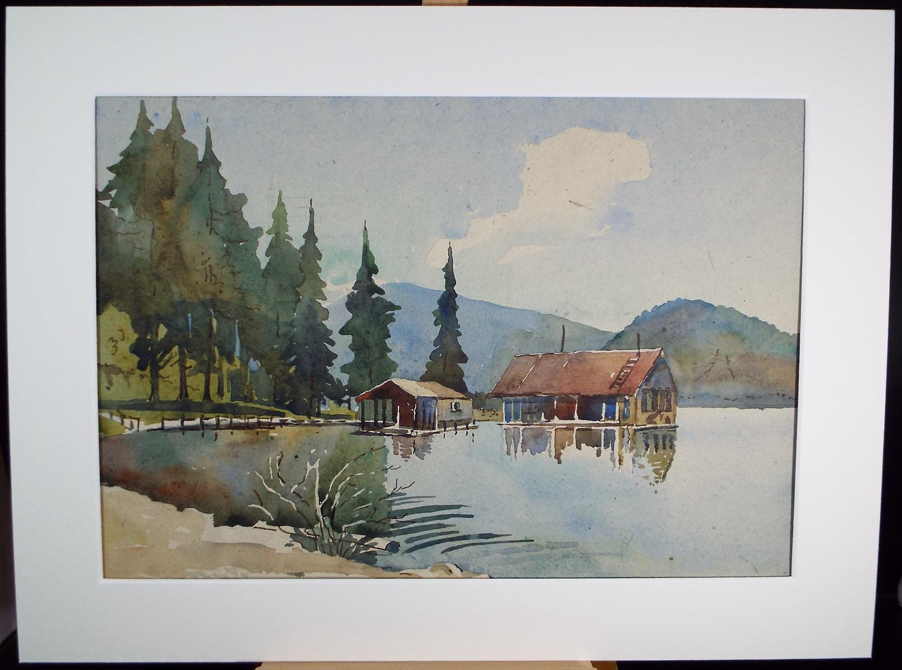 Original Watercolour, 'cabin on the Lake', Circa 1950's, Artist Unknown