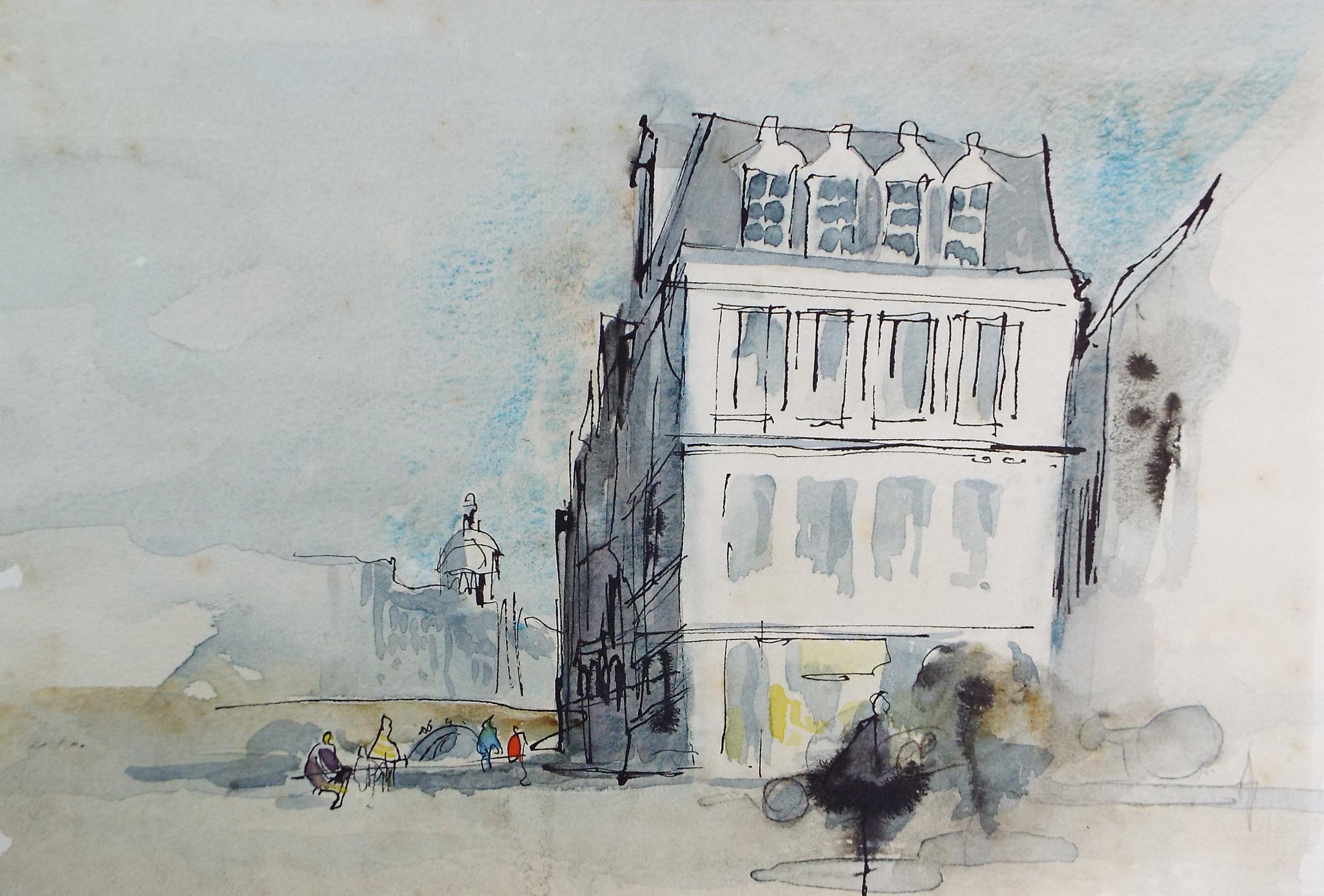 Original Watercolour drawing , 'Town Buildings with figures', John Hambleton Holdcroft (1926-2014), Circa 1970's