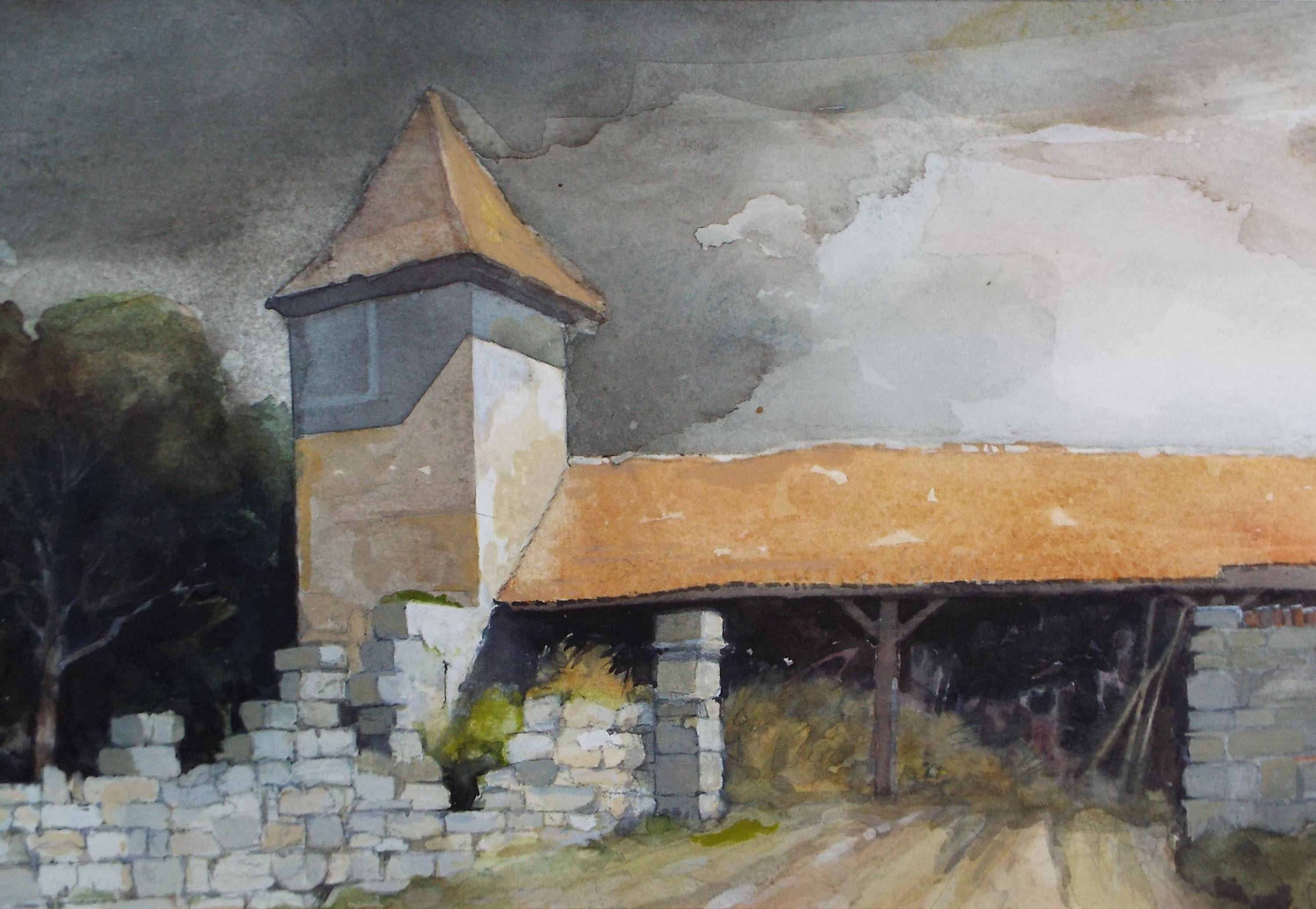 Original Watercolour drawing , 'French Barn', John Hambleton Holdcroft (1926-2014), Circa 1970's