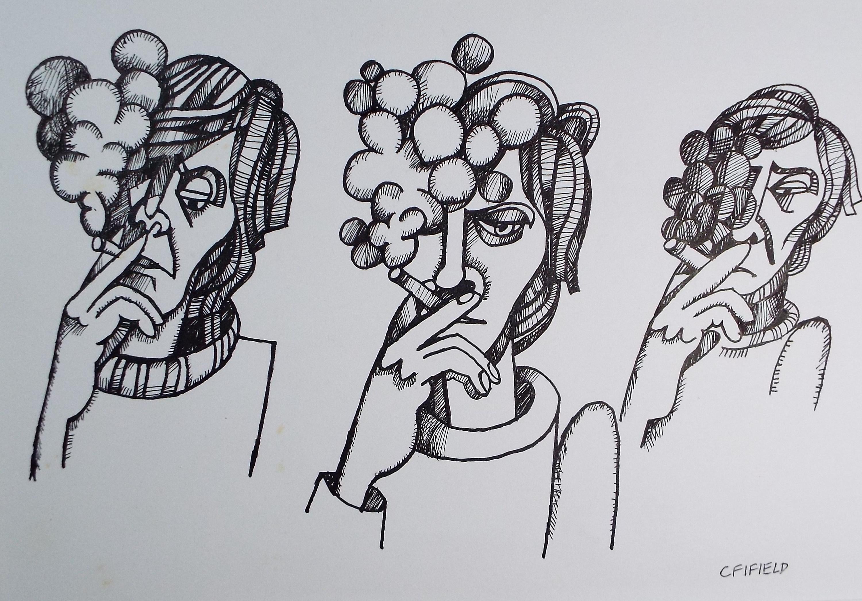 Original Pen & ink 'Doreen Smoking', Colin Fifield (1940-2022), Circa 1980's