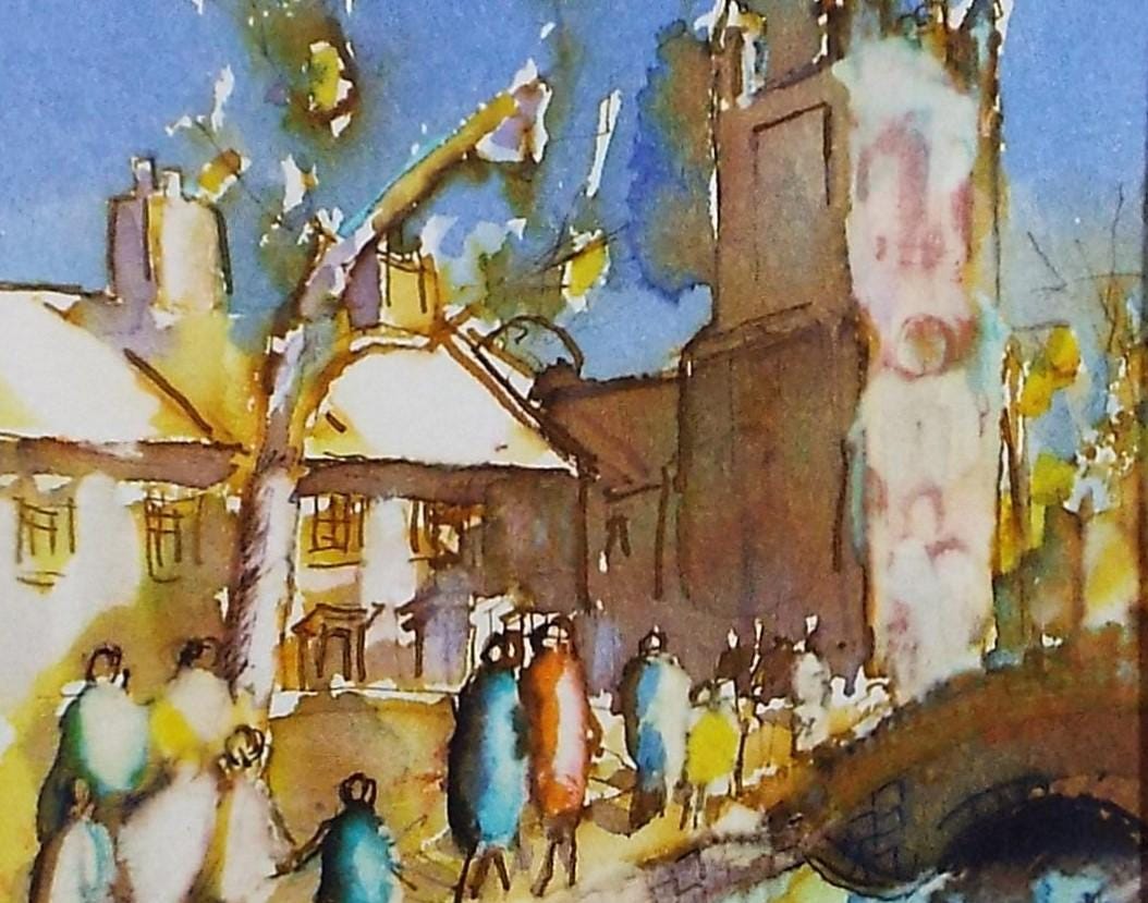 Original Watercolour, 'Figures by a Bridge', June Bevan, c1990's