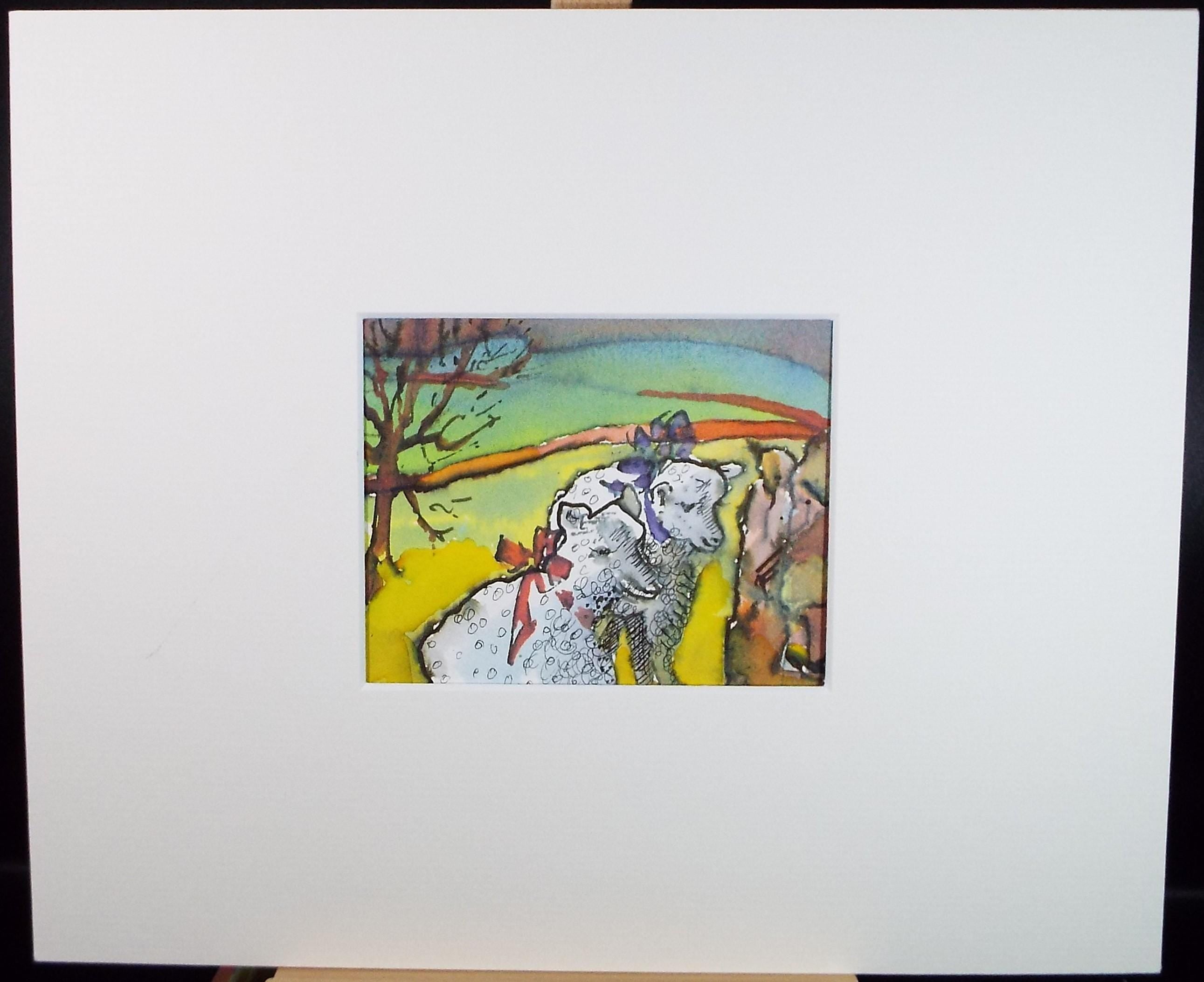 Original Watercolour, 'Easter Sheep with Figures', June Bevan, c1990's