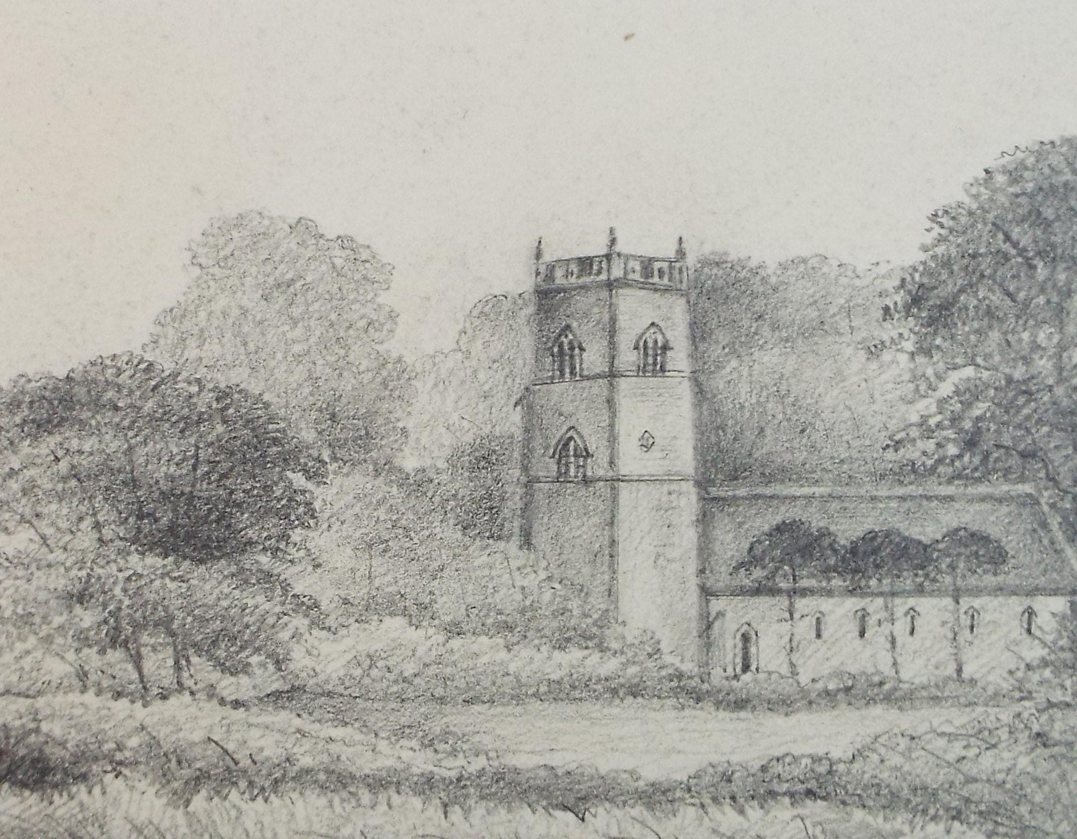 Original Pencil drawing , 'Eaton Church', Circa 1870's, artist unknown