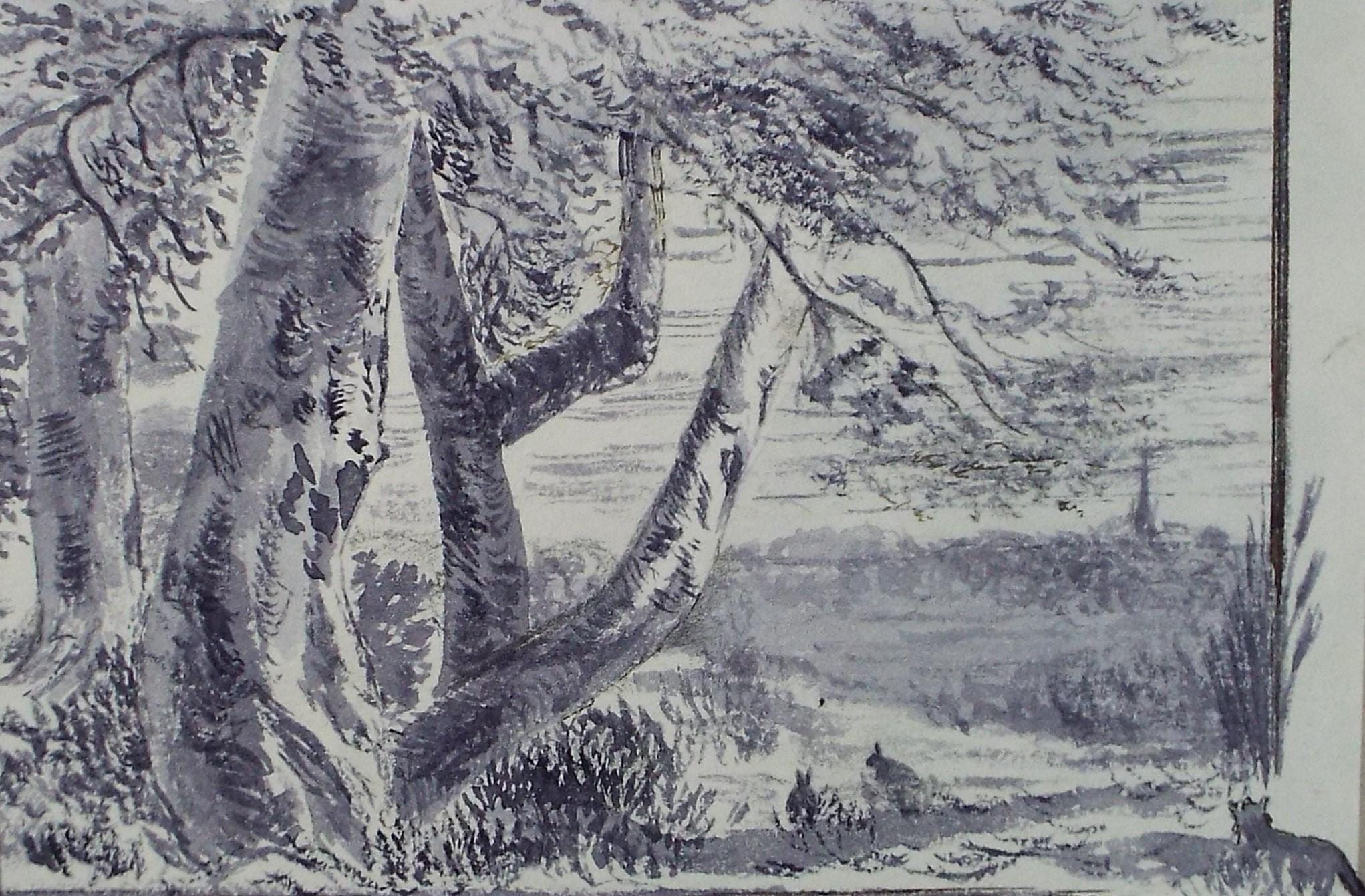 Original Watercolour, 'Countryside with Rabbit and Fox', artist unknown, circa 1890