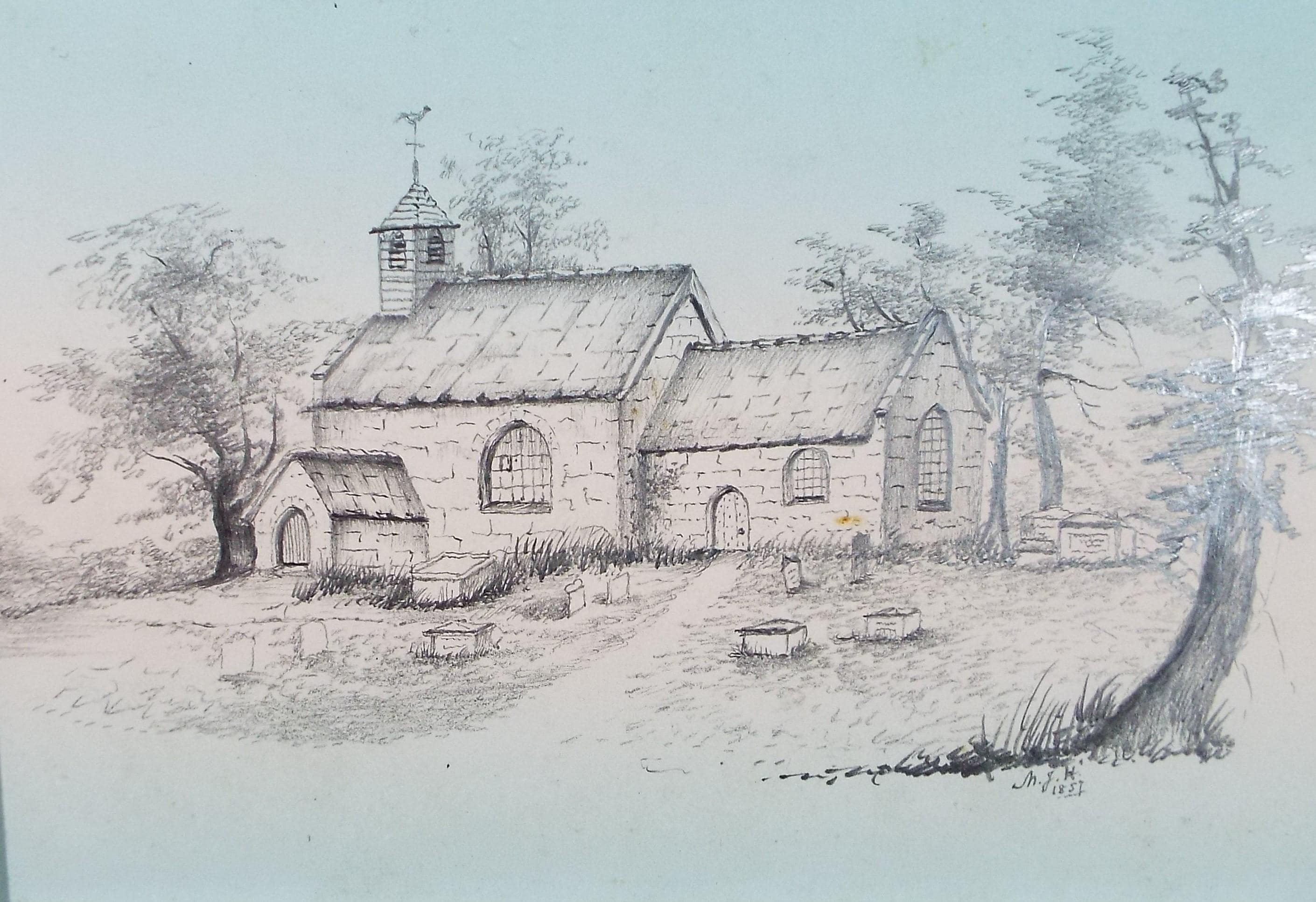 Original Pencil Drawing, 'Country Church', dated 1857, artist unknown