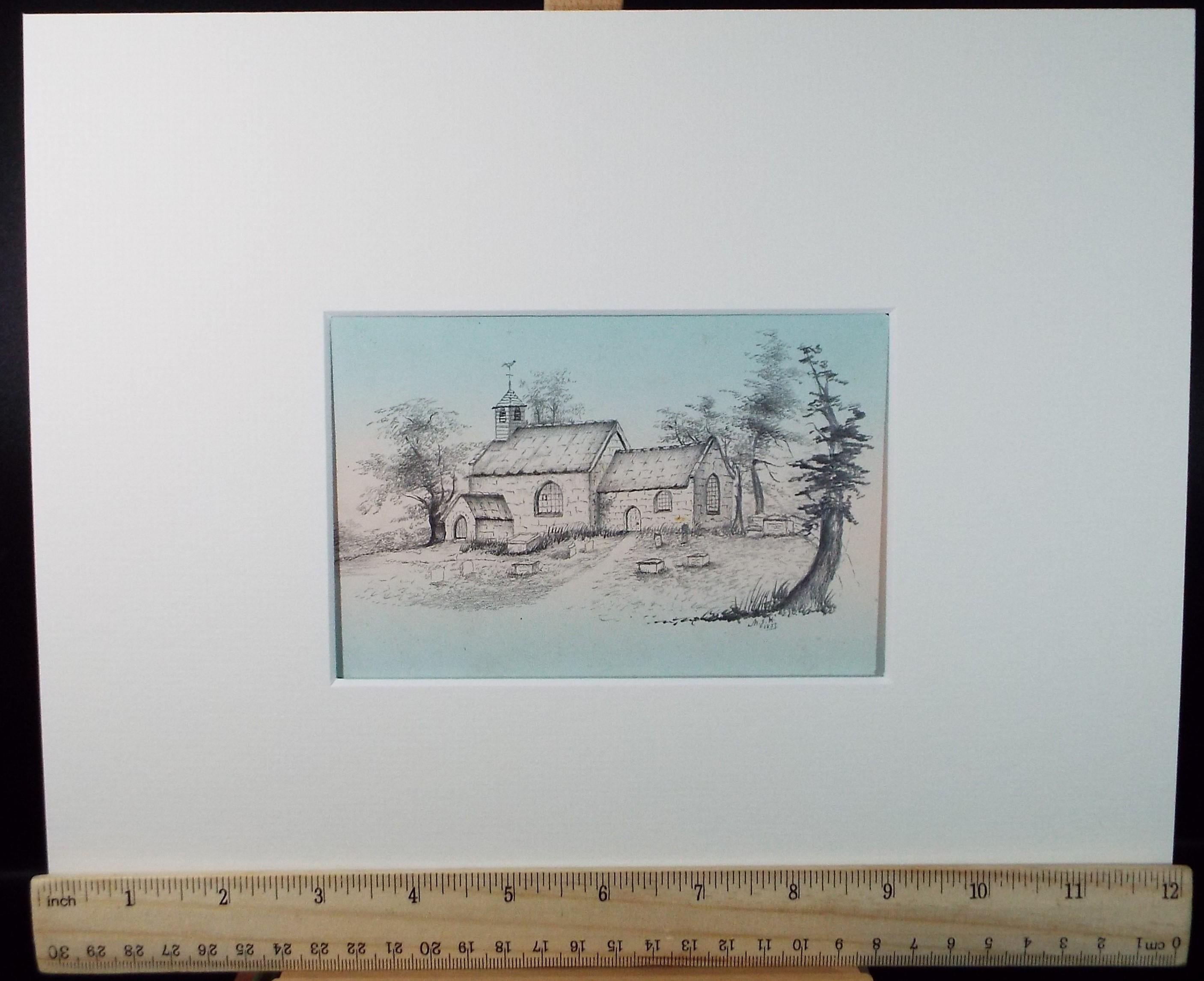 Original Pencil Drawing, 'Country Church', dated 1857, artist unknown