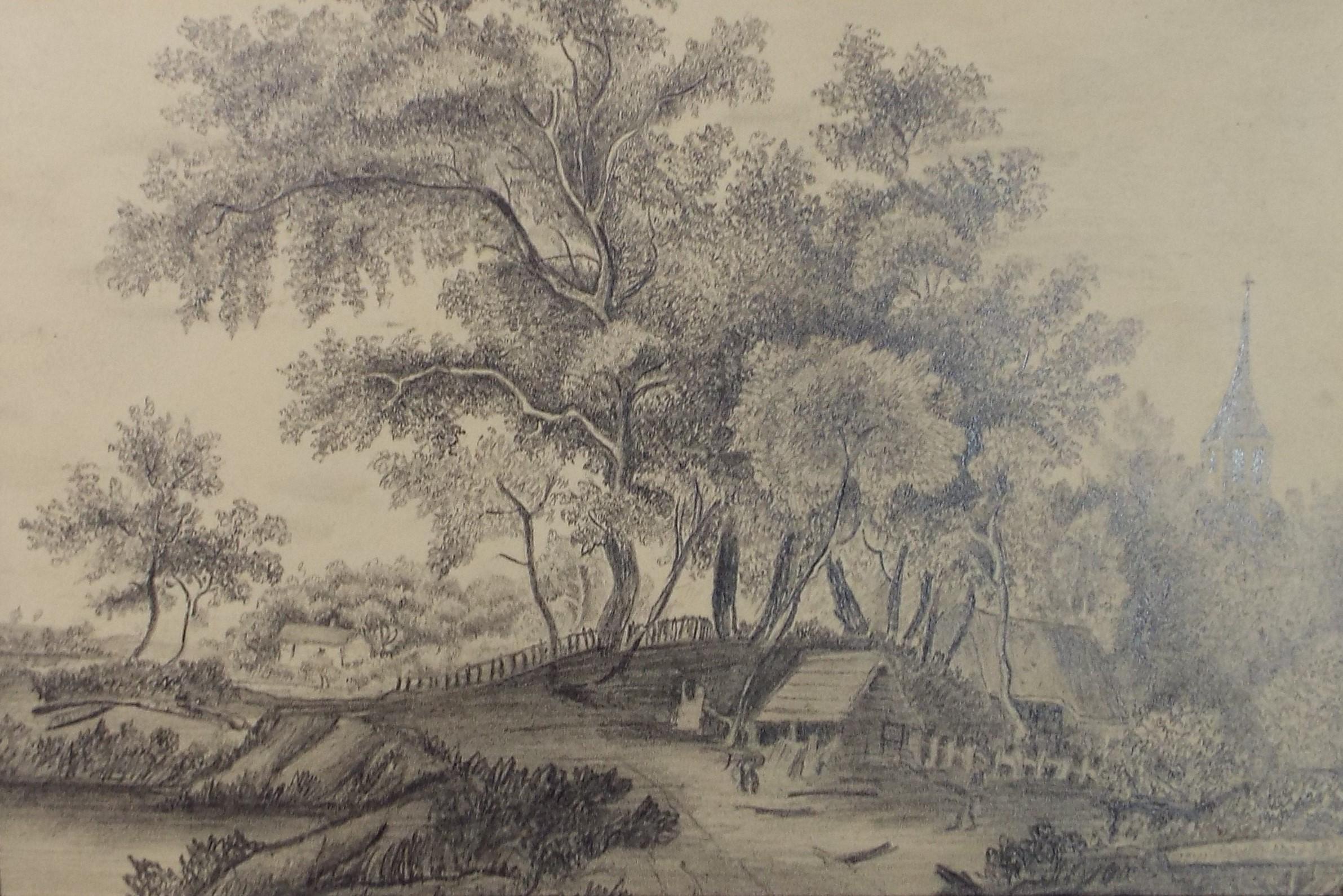 Original Pencil Drawing,'Village by the River', circa 1850