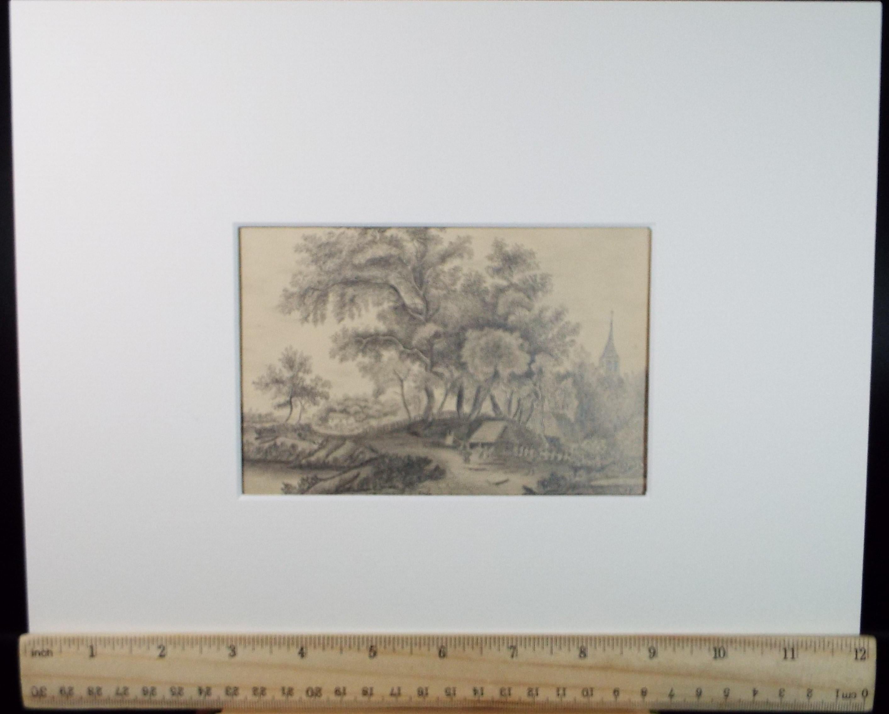 Original Pencil Drawing,'Village by the River', circa 1850
