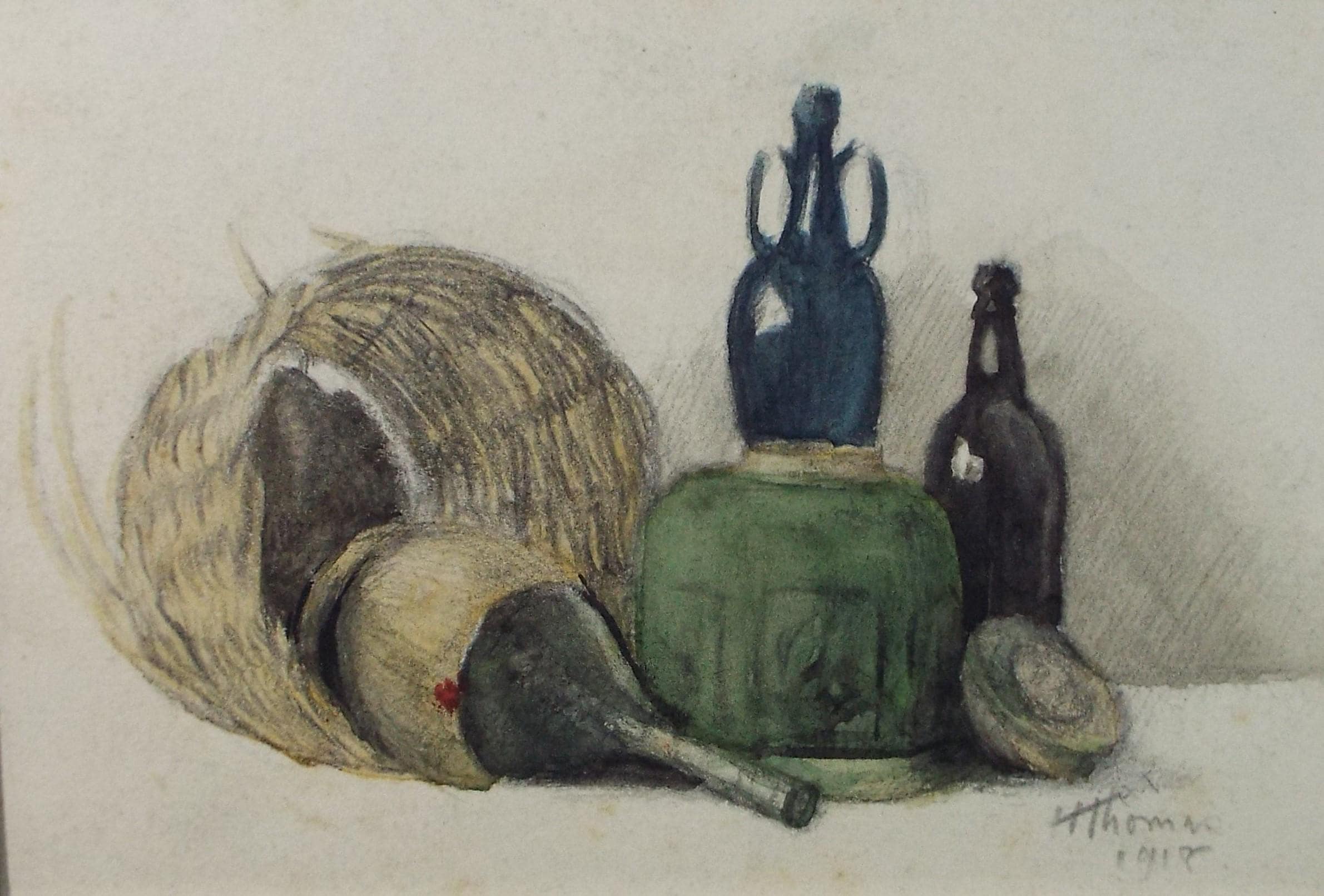 Original Watercolour, 'Still Life of Baskets and Bottles',Harry Thomas, dated 1918